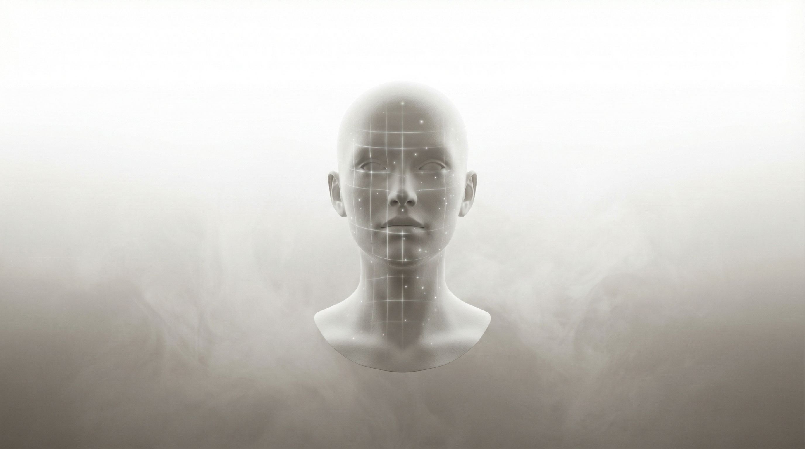 Abstract AI Head with Facial Grid in Mist