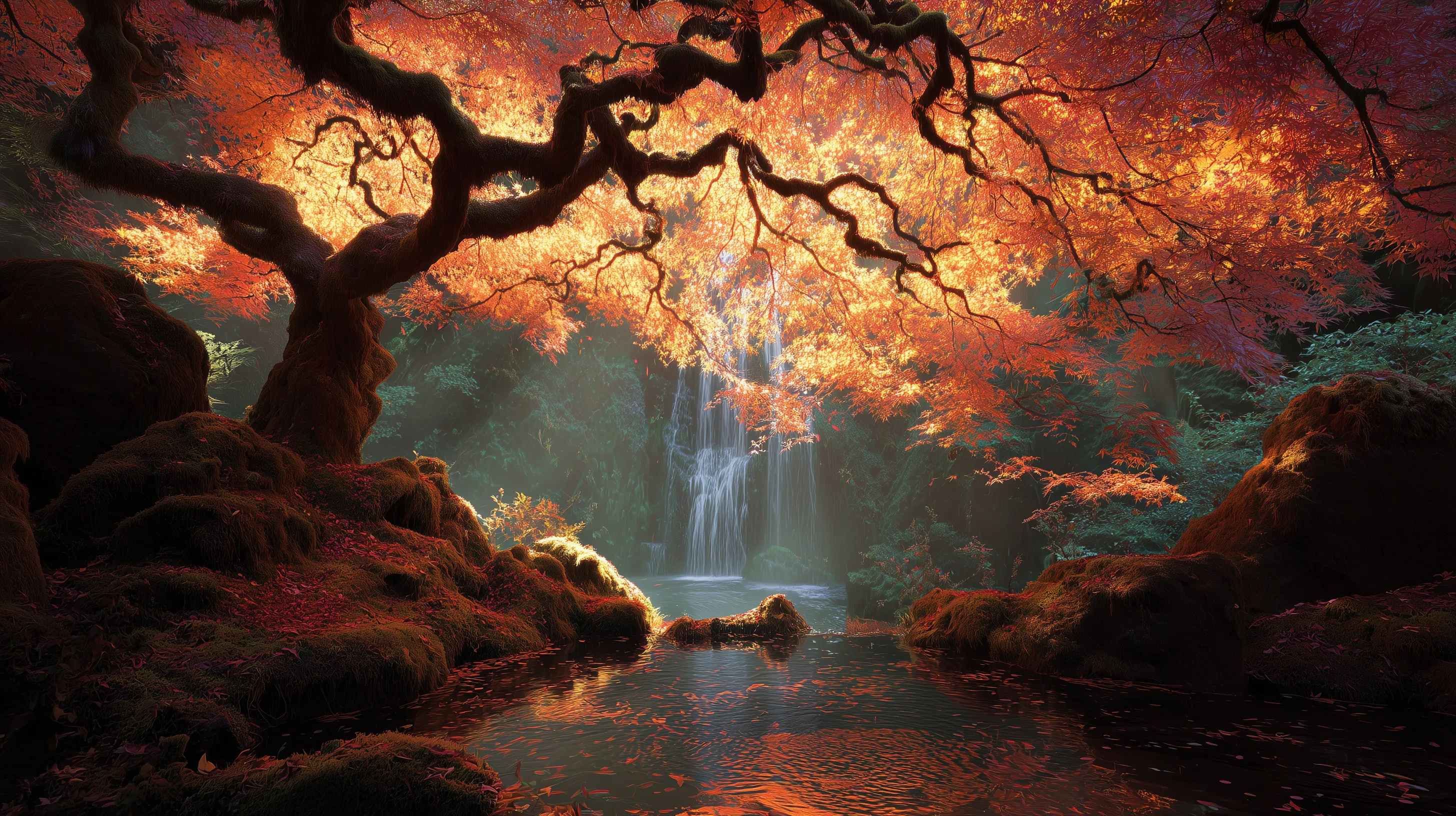 Glowing Autumn Forest with Waterfall