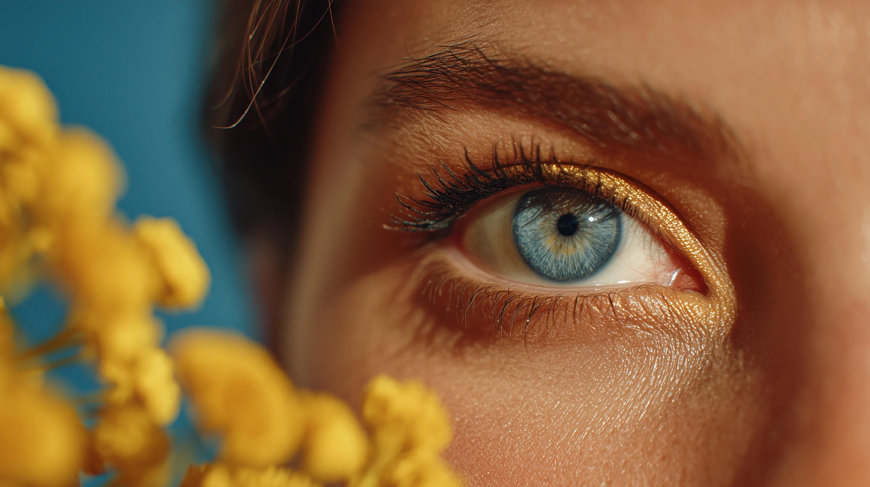 Close-up of blue eye with golden makeup
