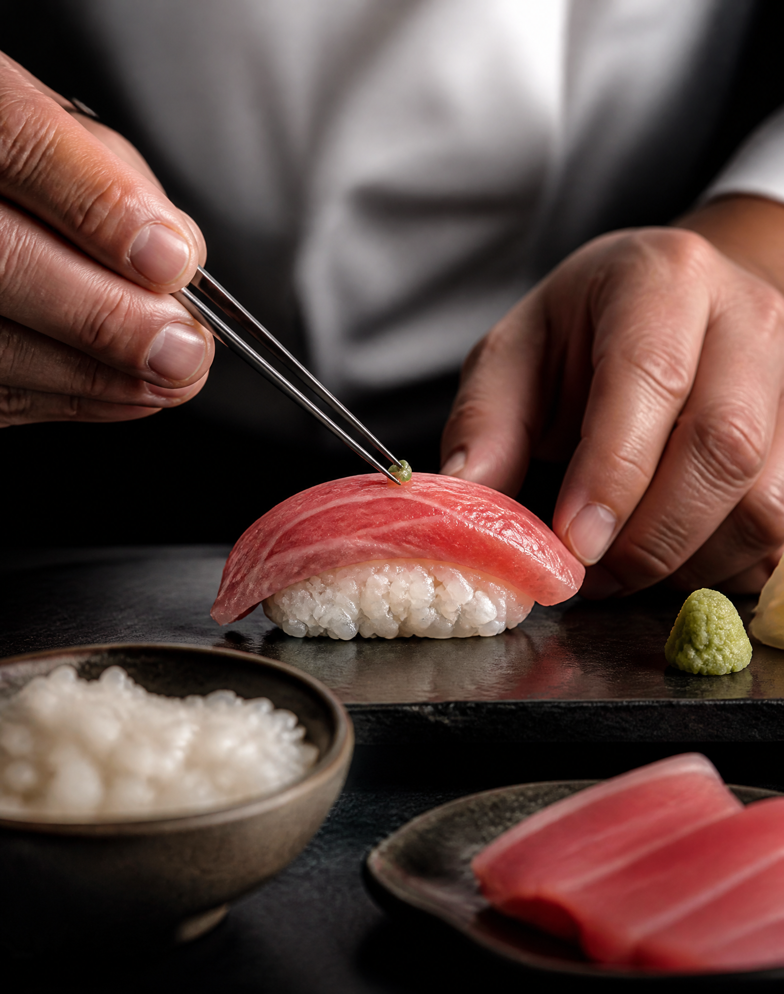 Chef Precision Placing Garnish on Tuna Nigiri