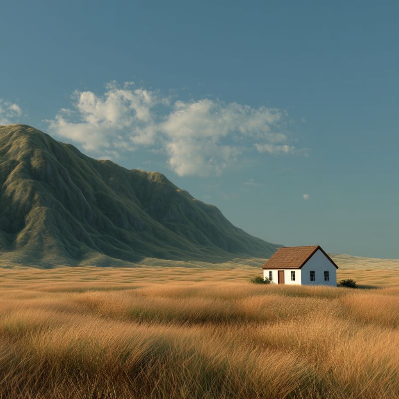 Small white cottage in vast golden meadow