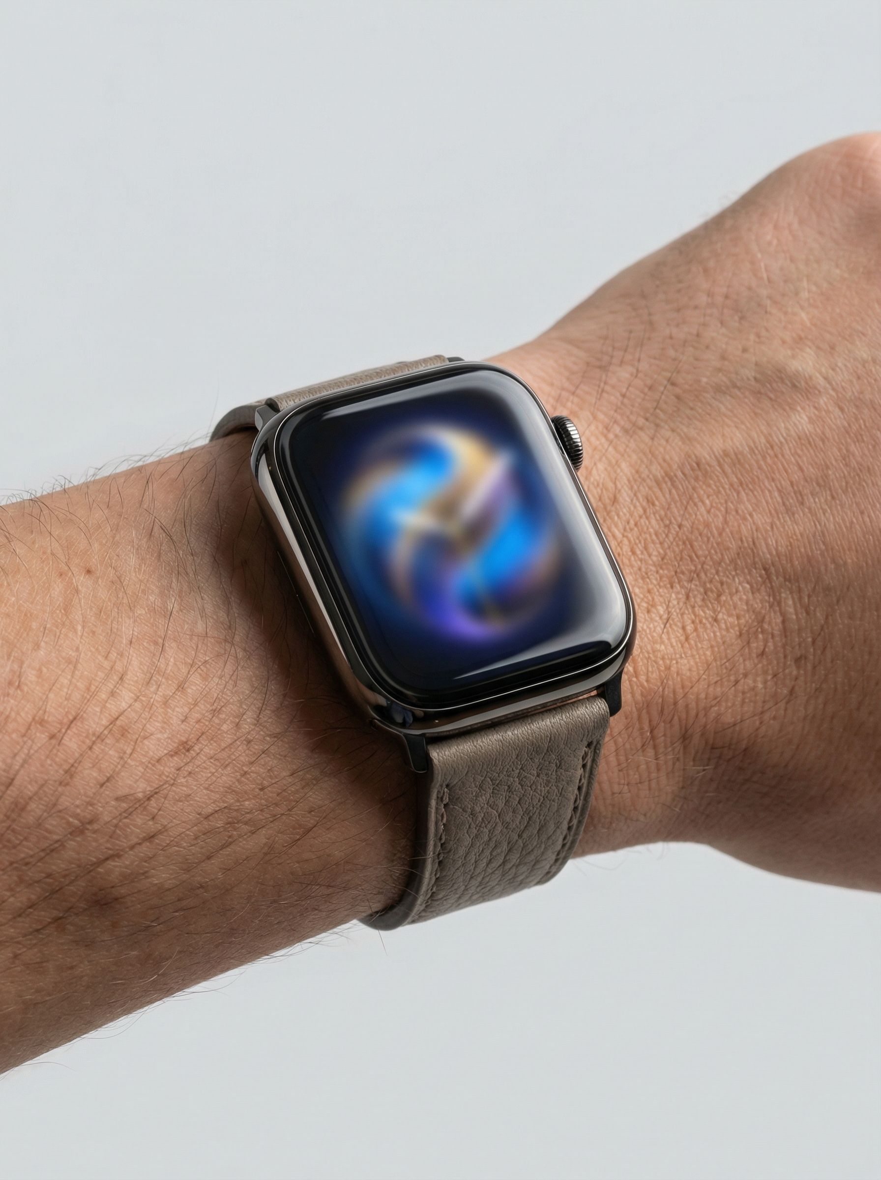 Modern smartwatch on wrist with leather band