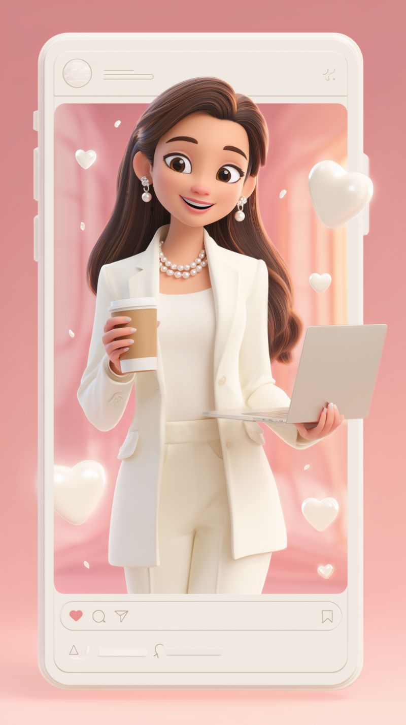 3D businesswoman avatar emerging from phone UI