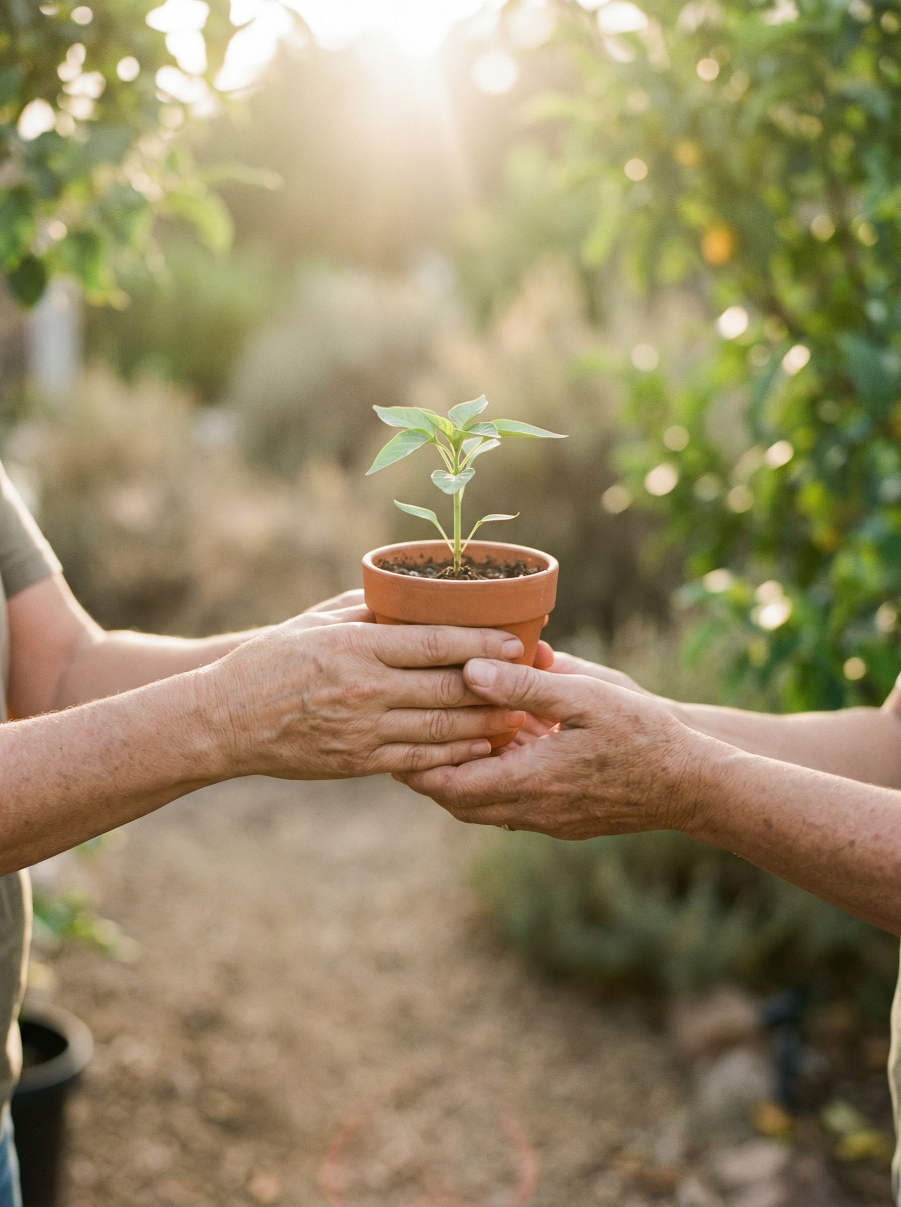 Hands Sharing a Potted Seedling Outdoors