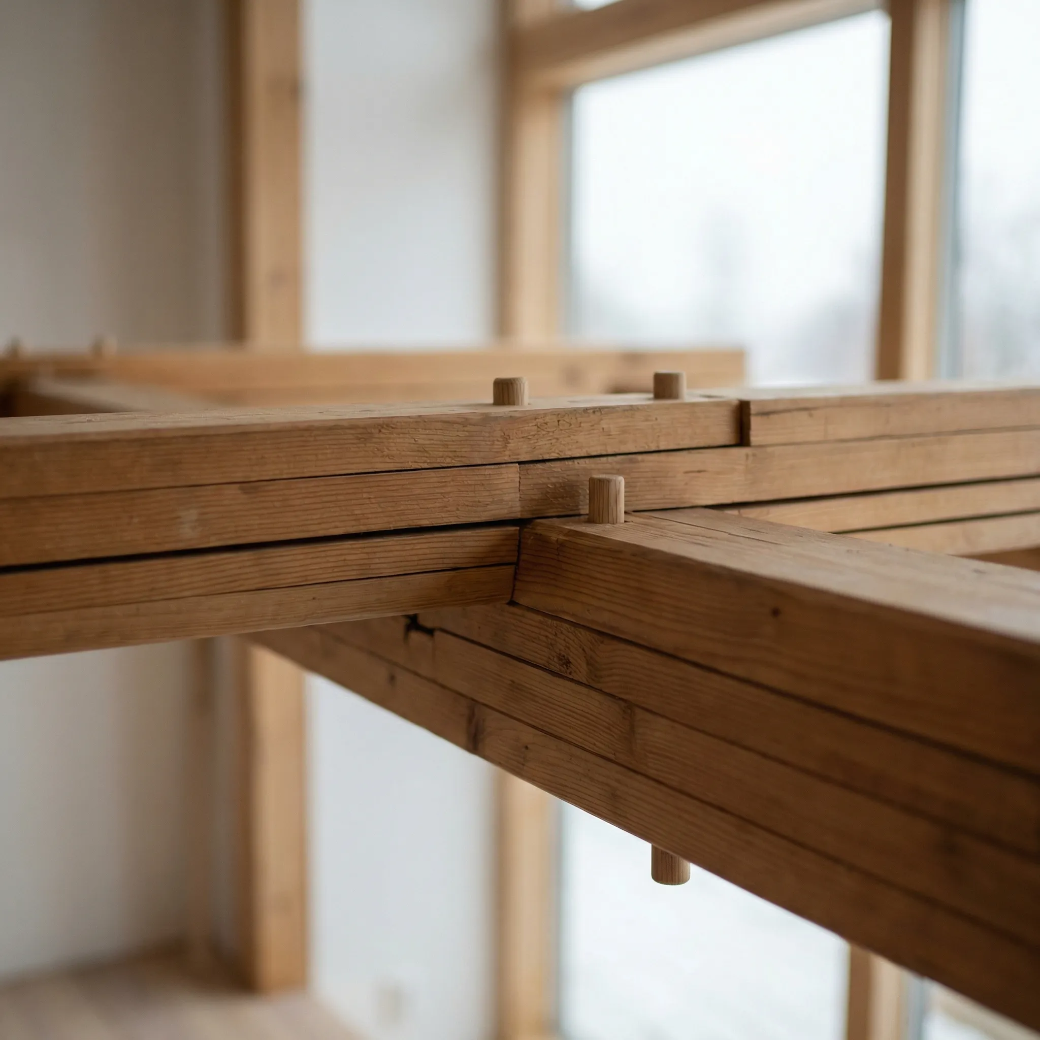 Detail of Wooden Beam Joinery with Dowels