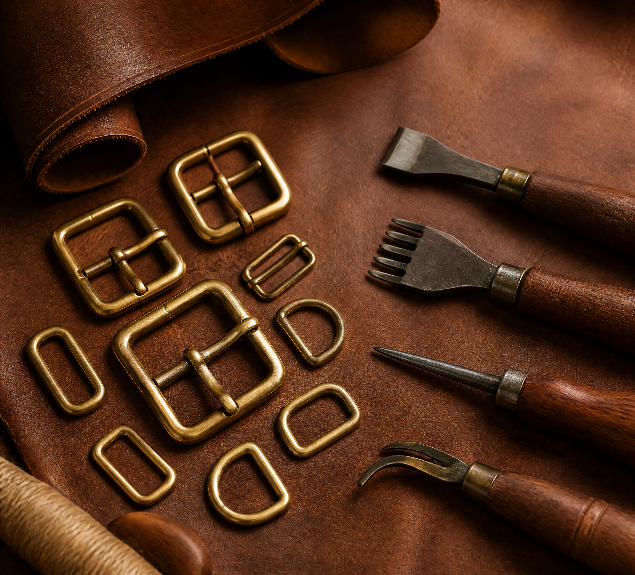 Brass buckles and hand tools laid out on a leather hide