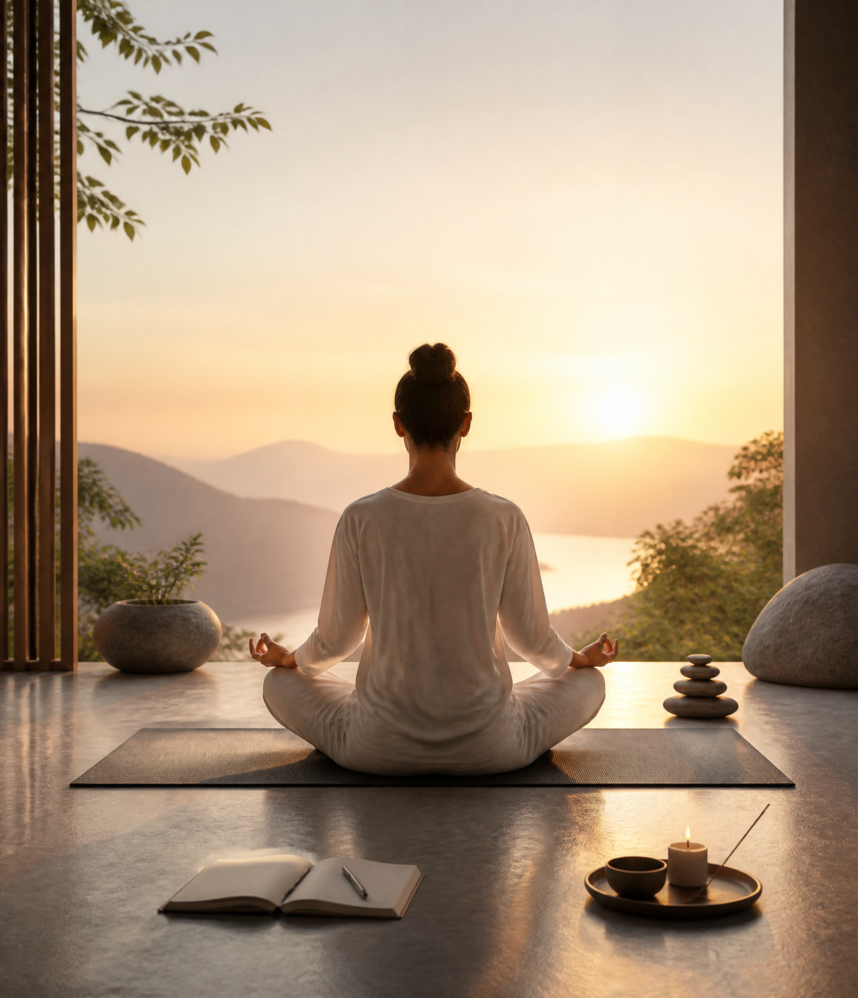 Woman Meditating at Sunrise Overlooking Mountains