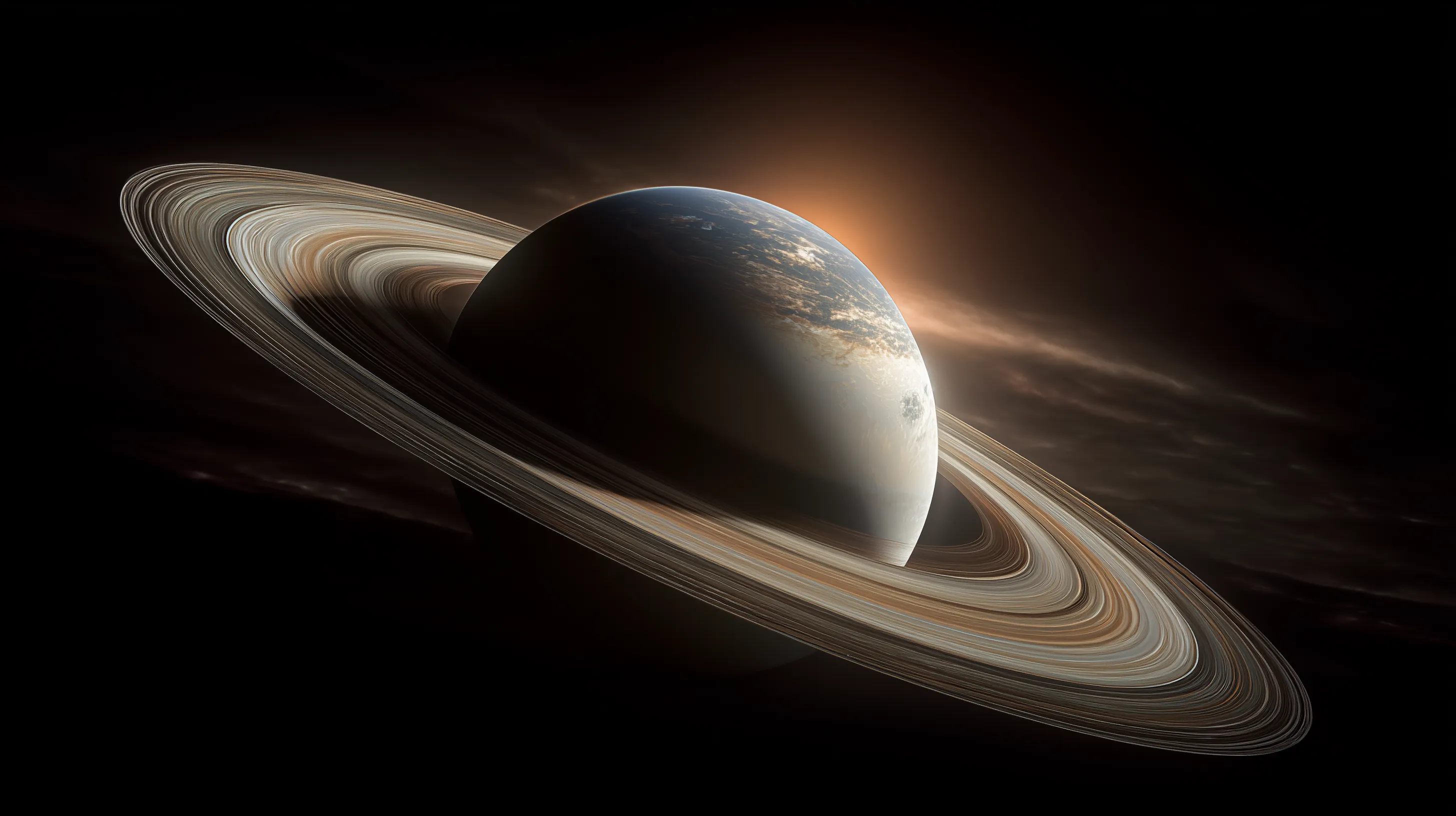 Cinematic Rendering of a Ringed Planet in Deep Space