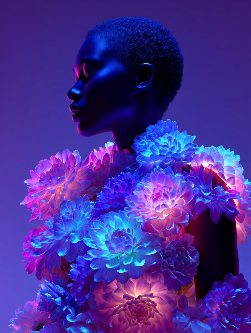 Neon Floral Portrait in Profile