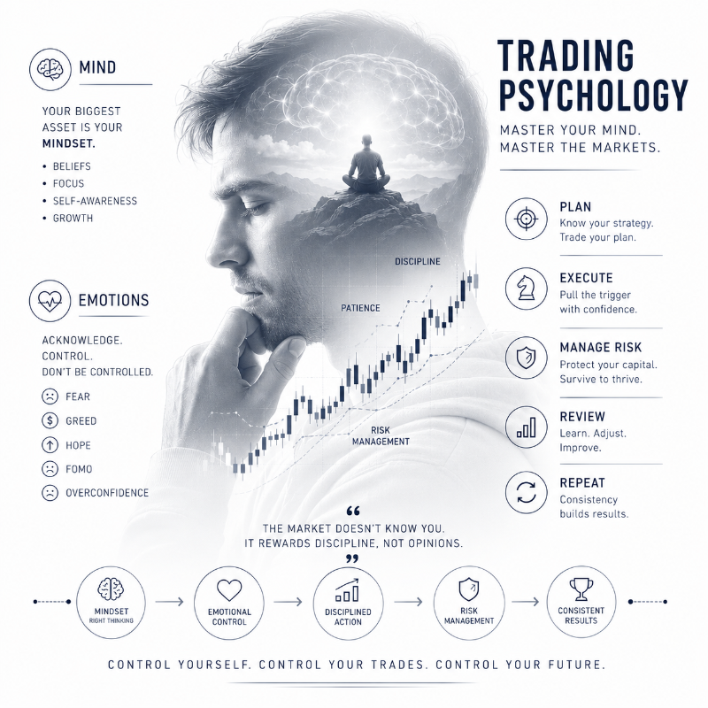 Trading Psychology Infographic with Man Portrait