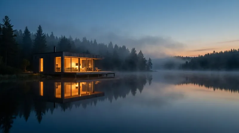 Modern lakeside cabin at misty dusk