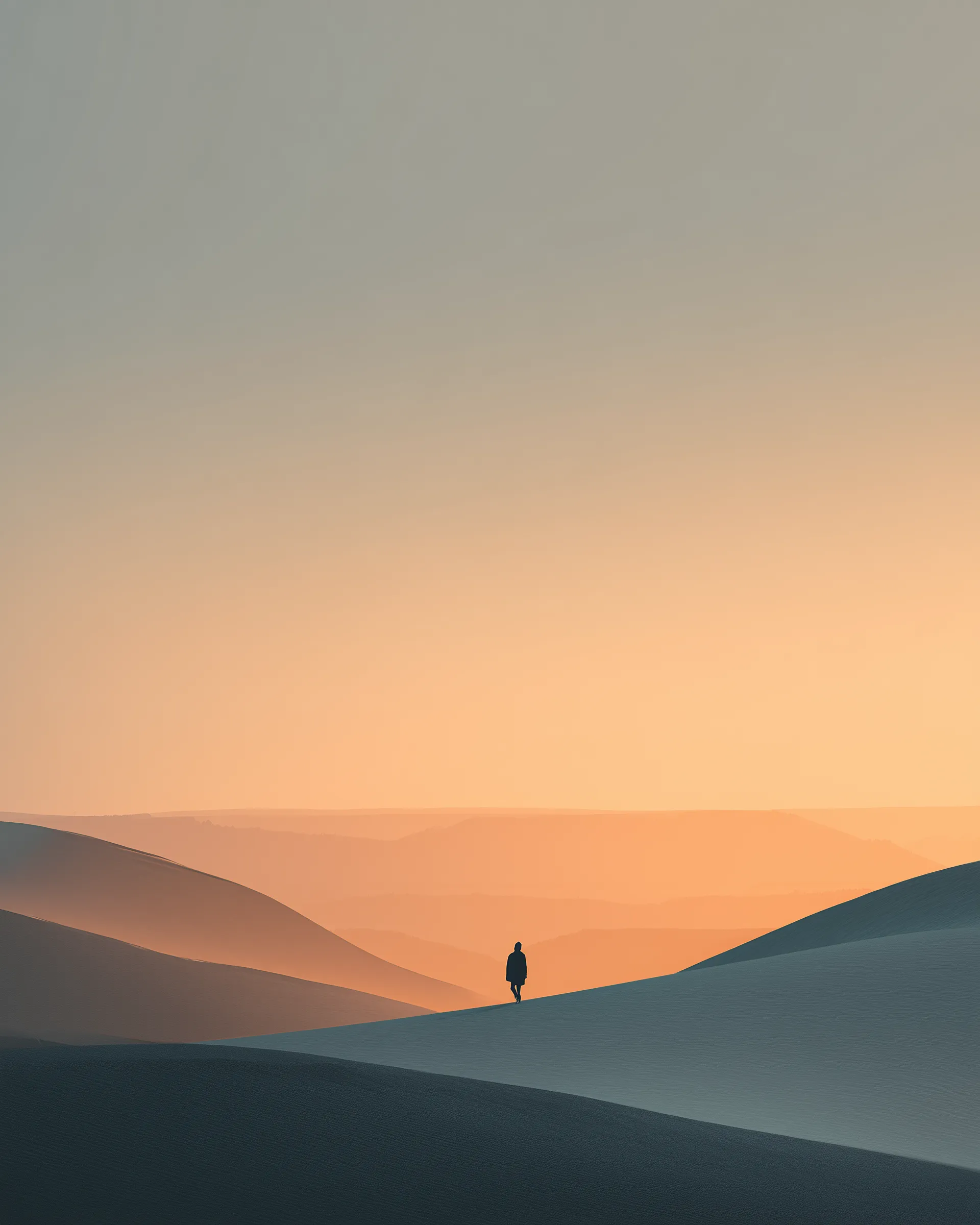 Lone Figure Walking Across Sunset Sand Dunes