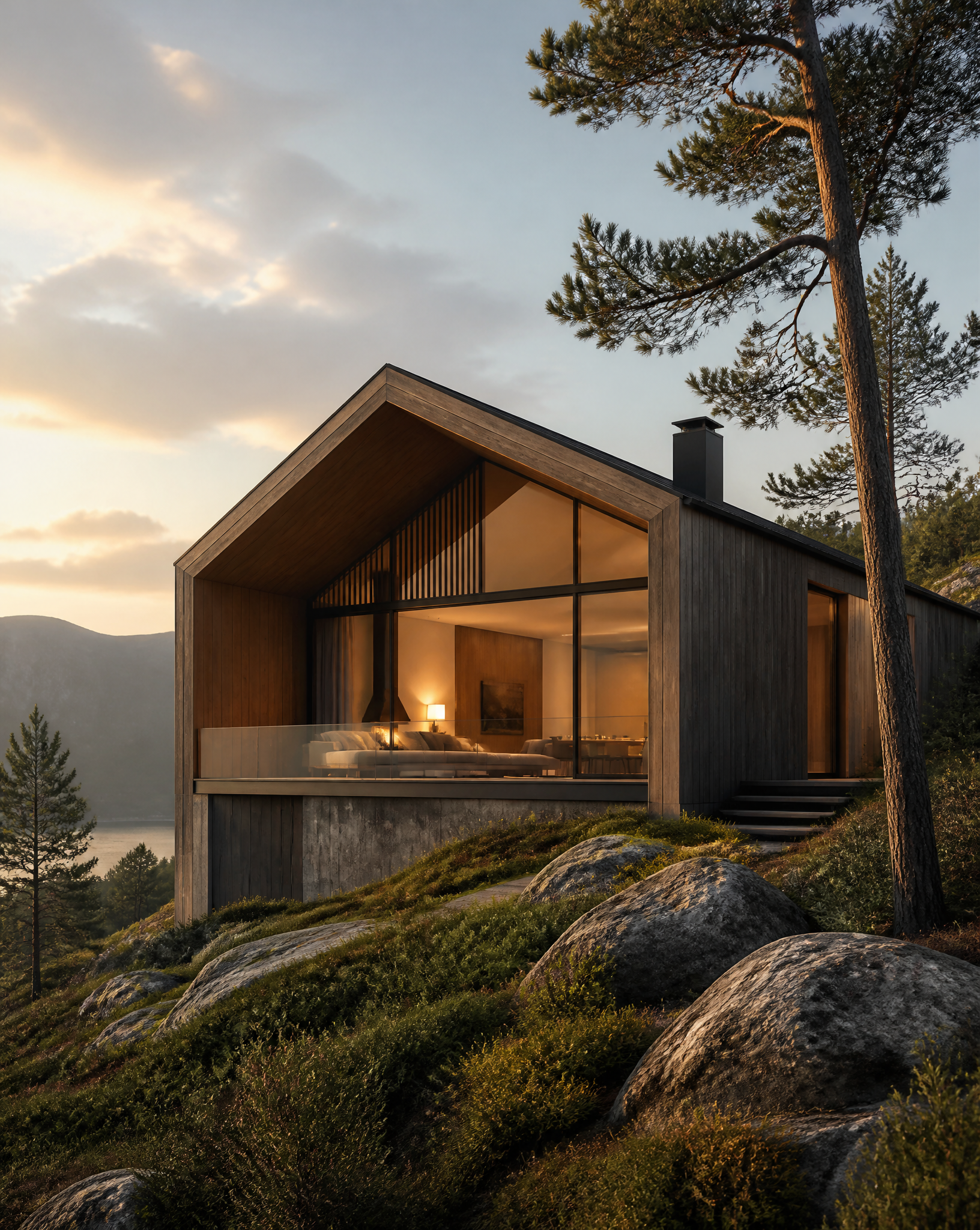 Modern Nordic Cabin at Golden Hour