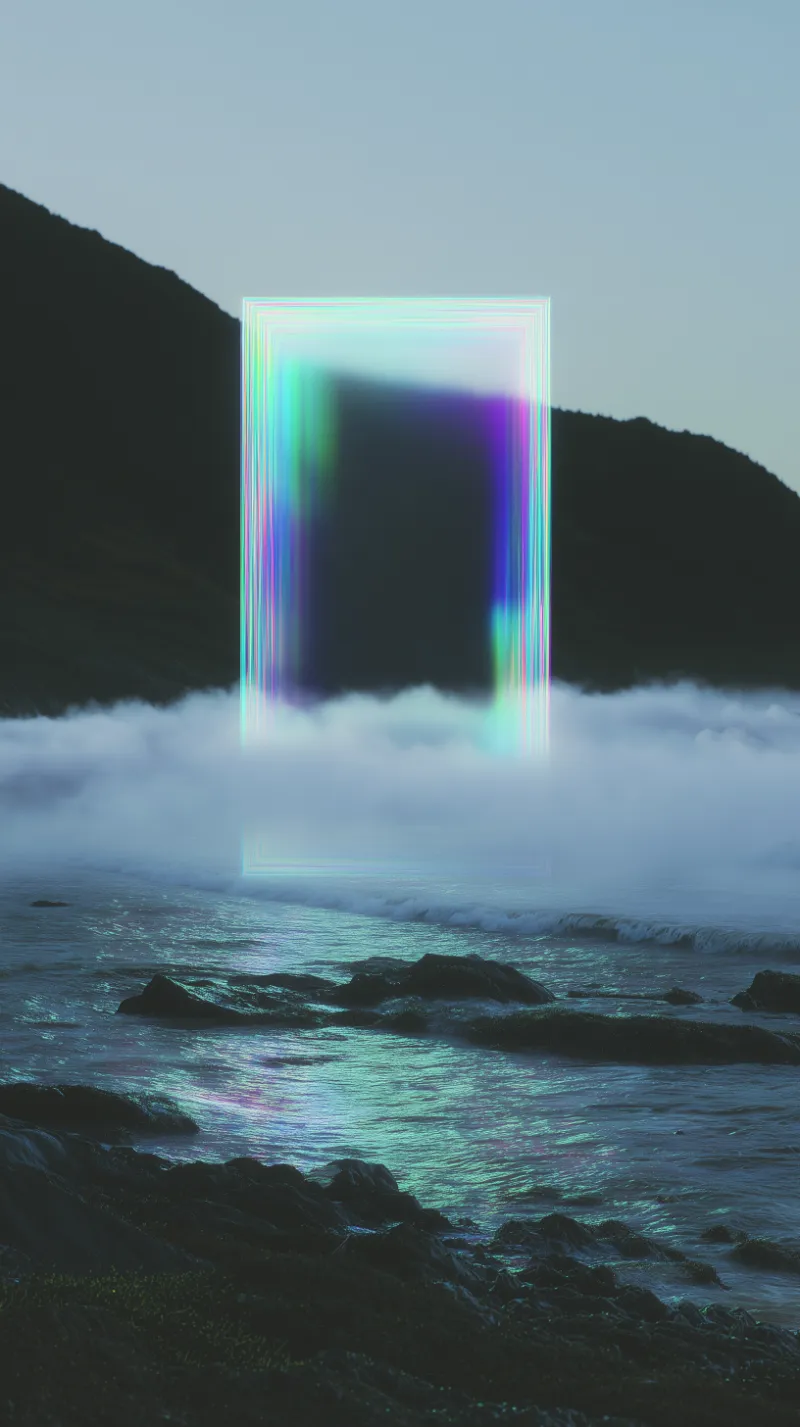 Neon Portal Over Misty Midnight Coast