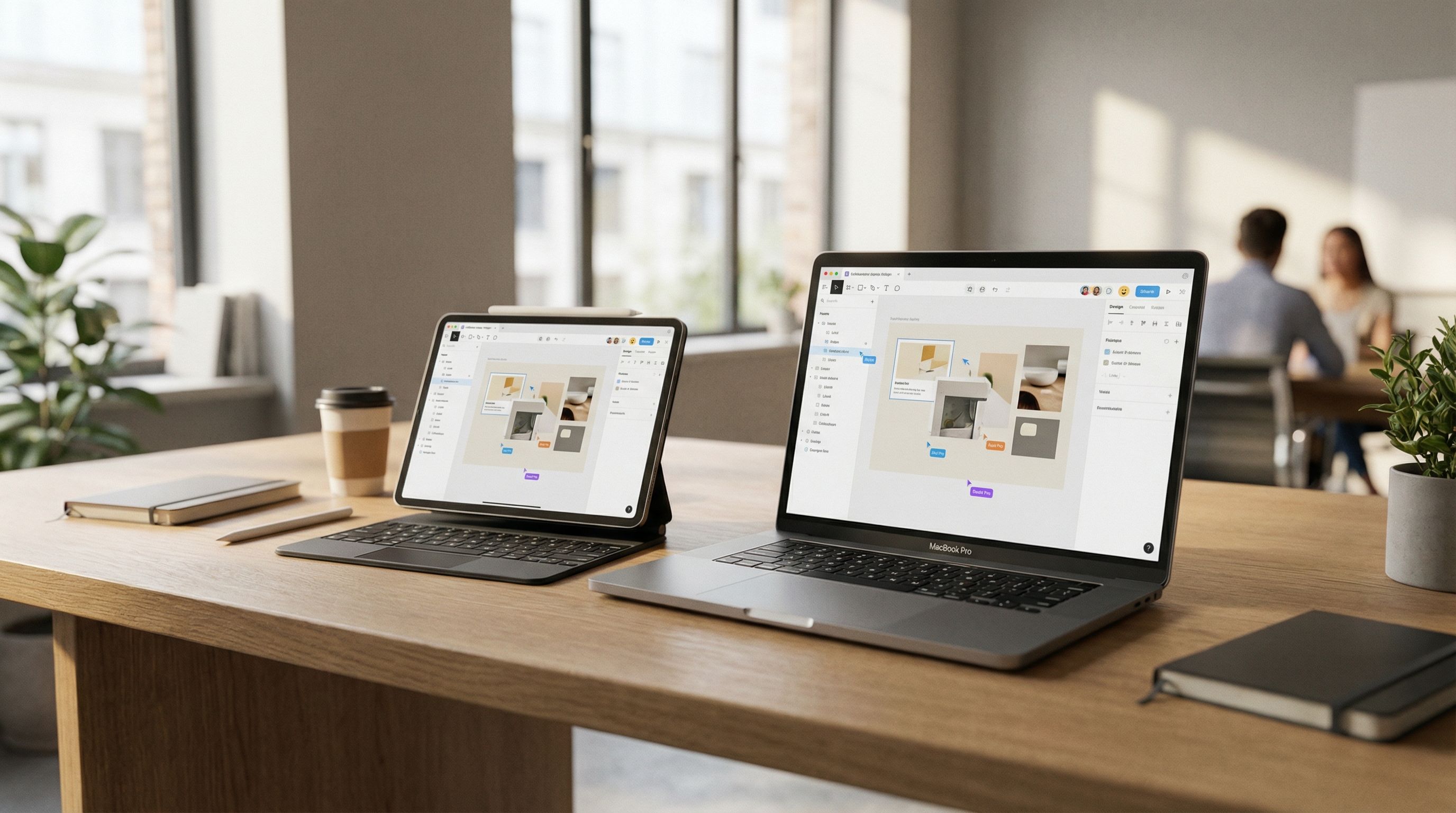 Laptops on modern office desk with design app