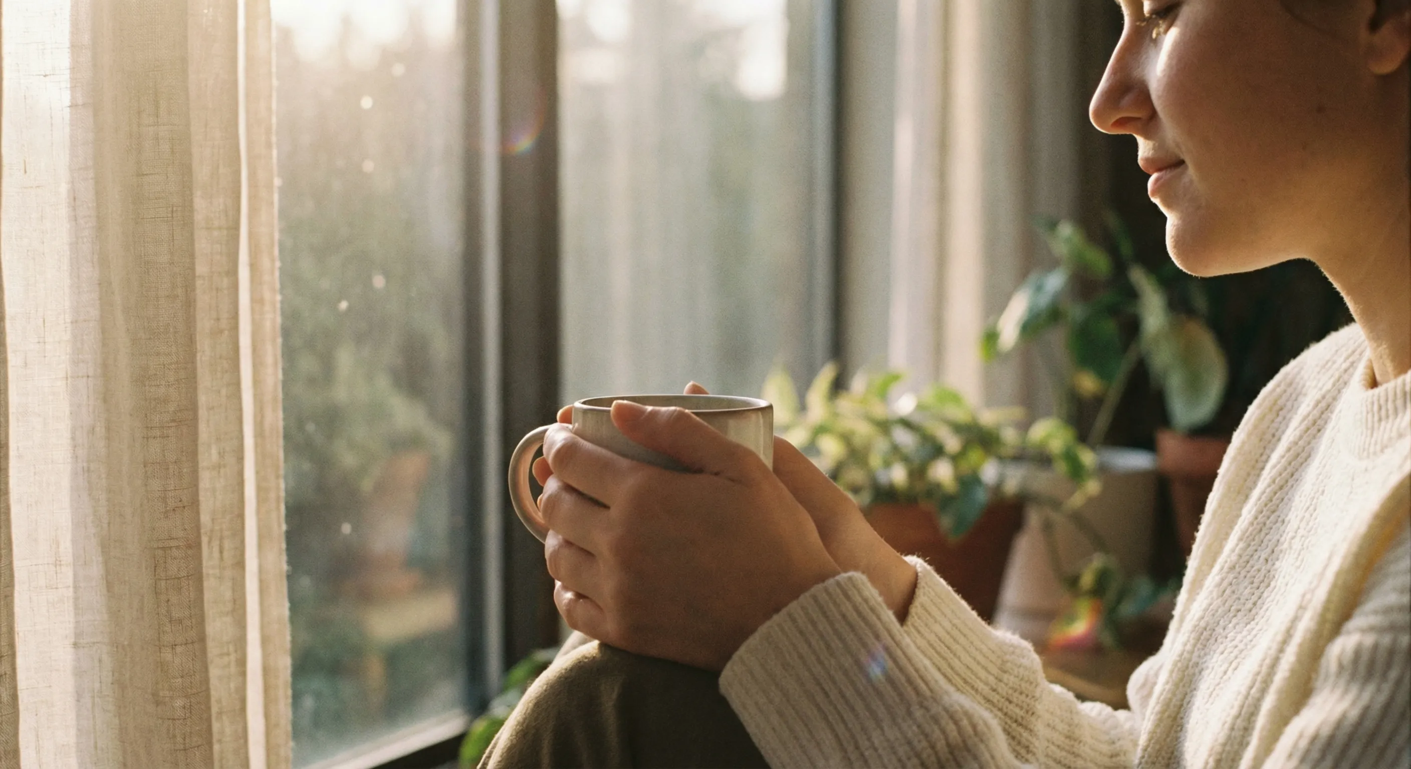 Woman Relaxing with Coffee by Sunlit Window