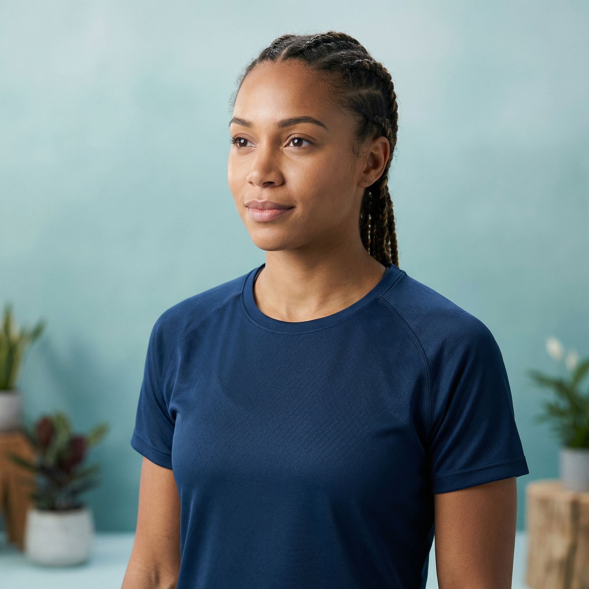 Portrait of woman in blue athletic shirt