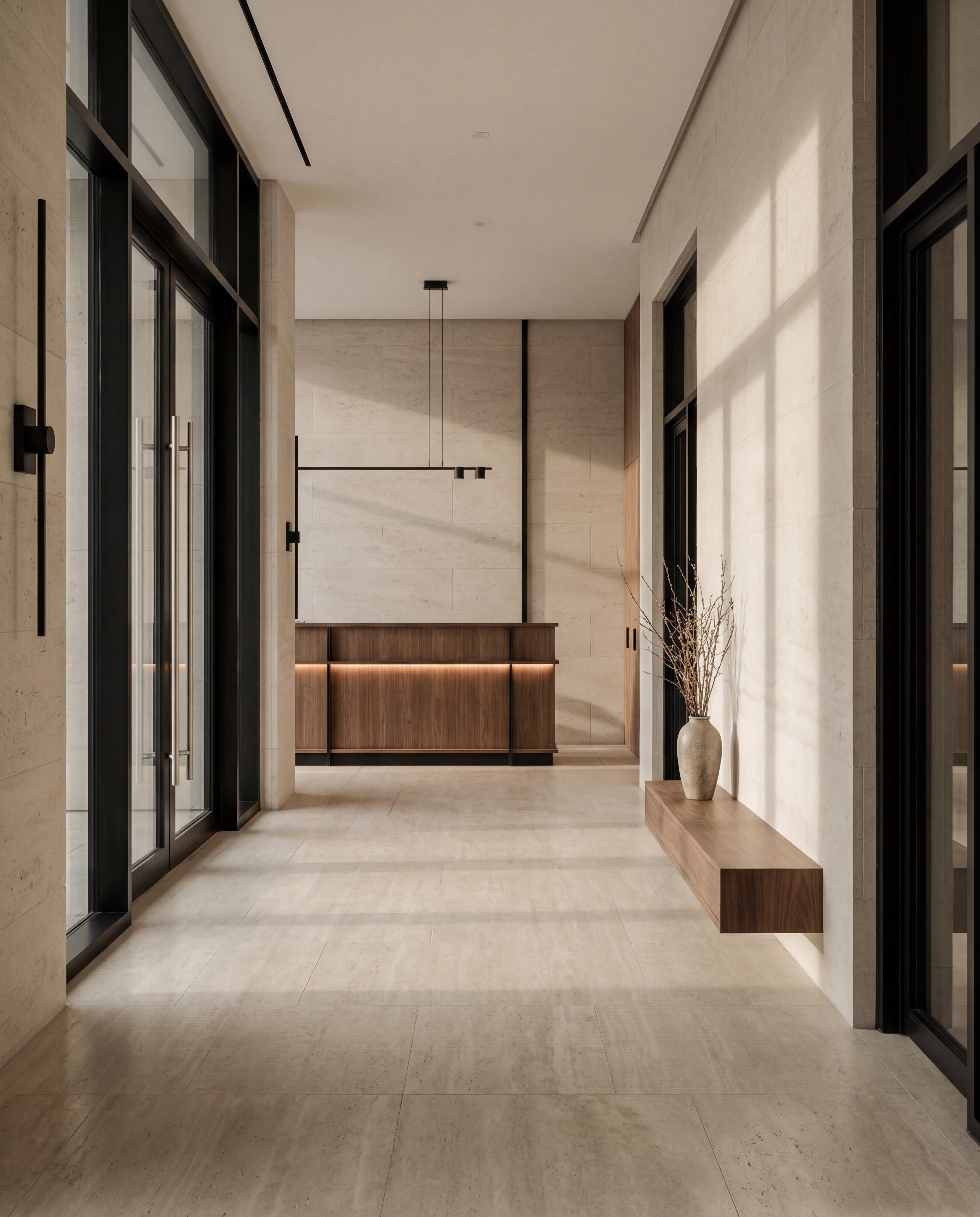 Minimalist lobby with wood reception desk