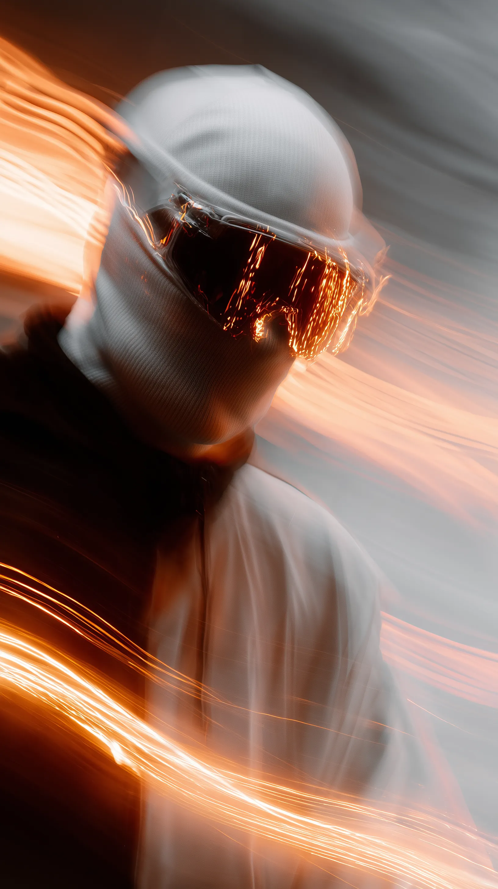 Futuristic masked figure with light trails