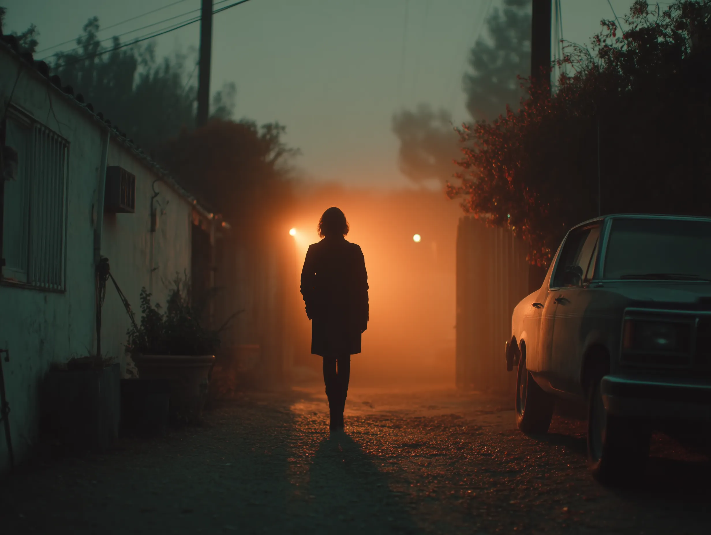 Silhouetted figure in foggy alley at night