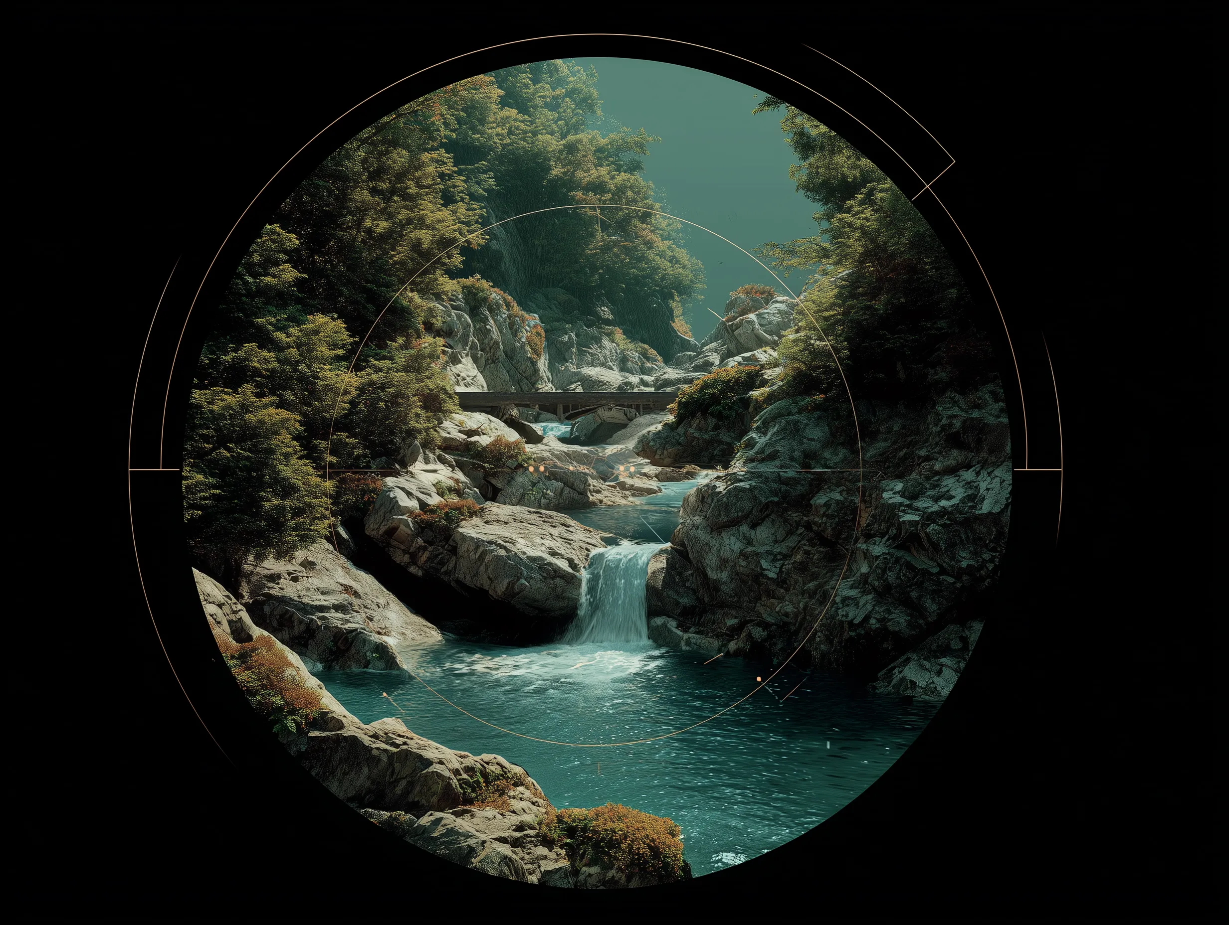 Futuristic viewport of waterfall and bridge