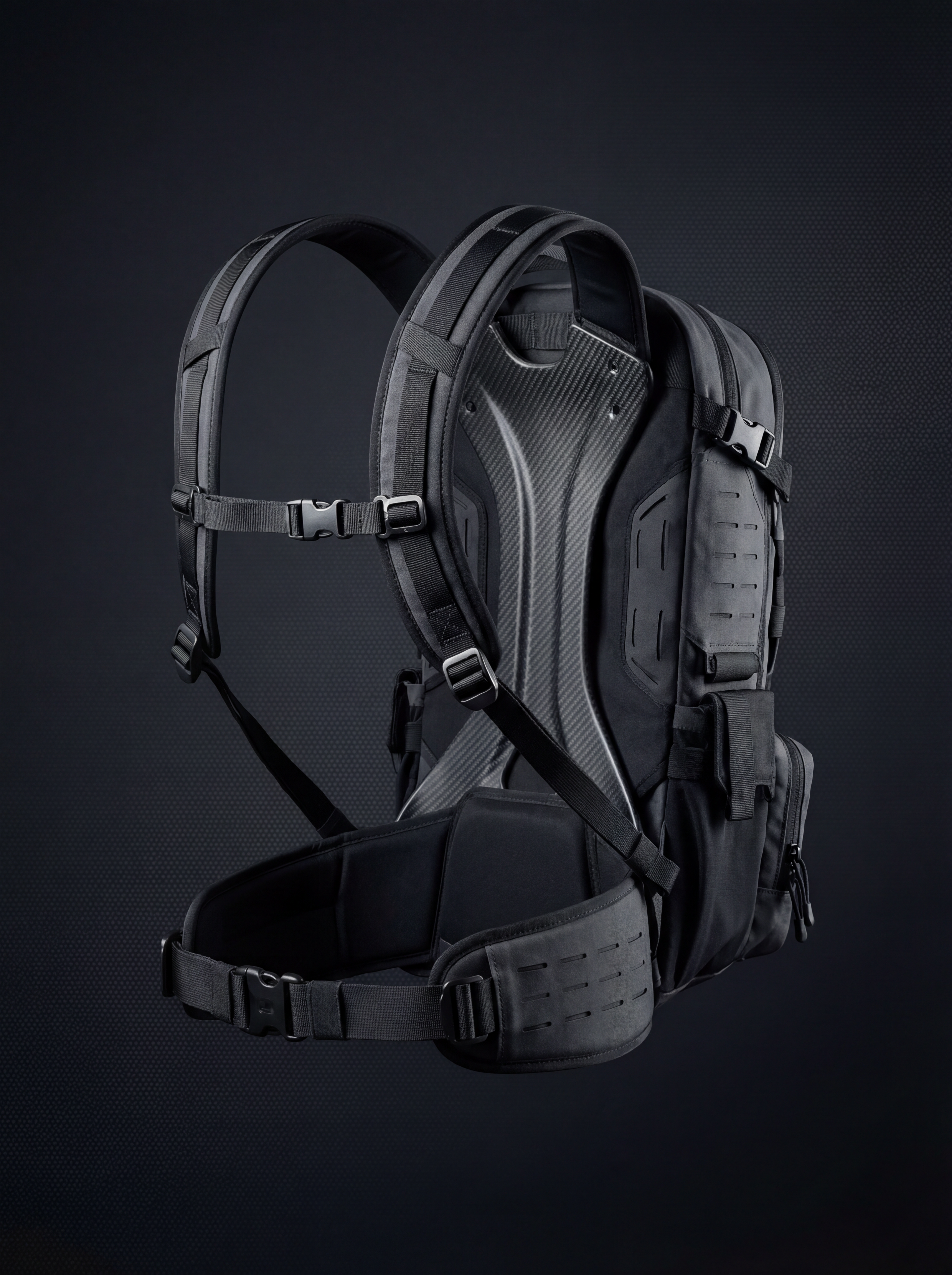 Black tactical backpack with carbon fiber frame