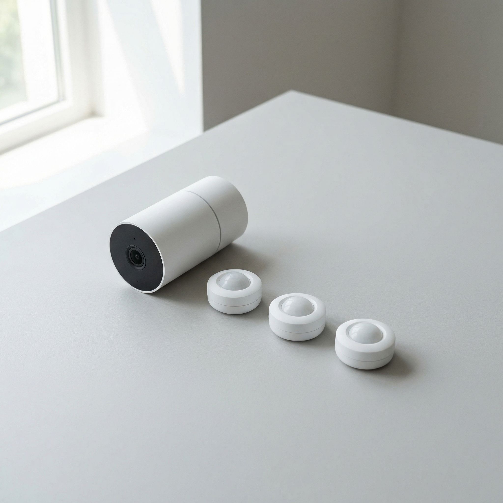 Minimalist white security camera and sensors