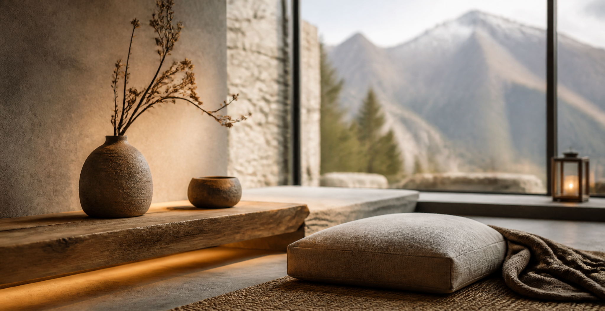 Minimalist Zen Interior with Mountain View