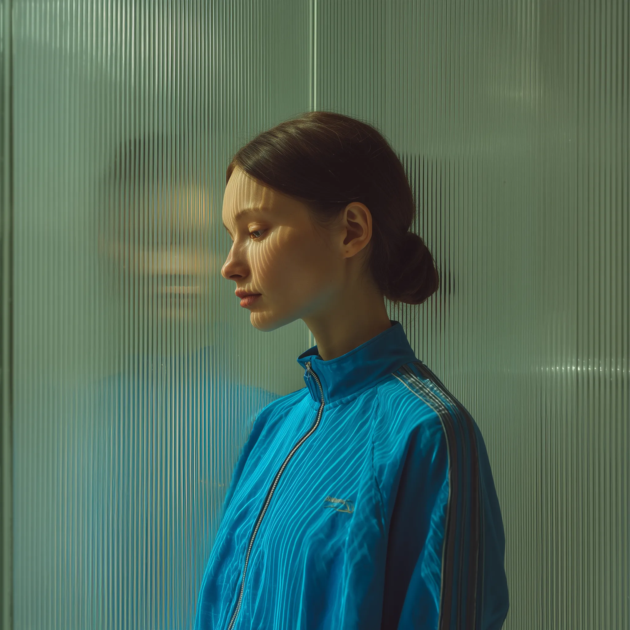 Woman in blue jacket by textured glass