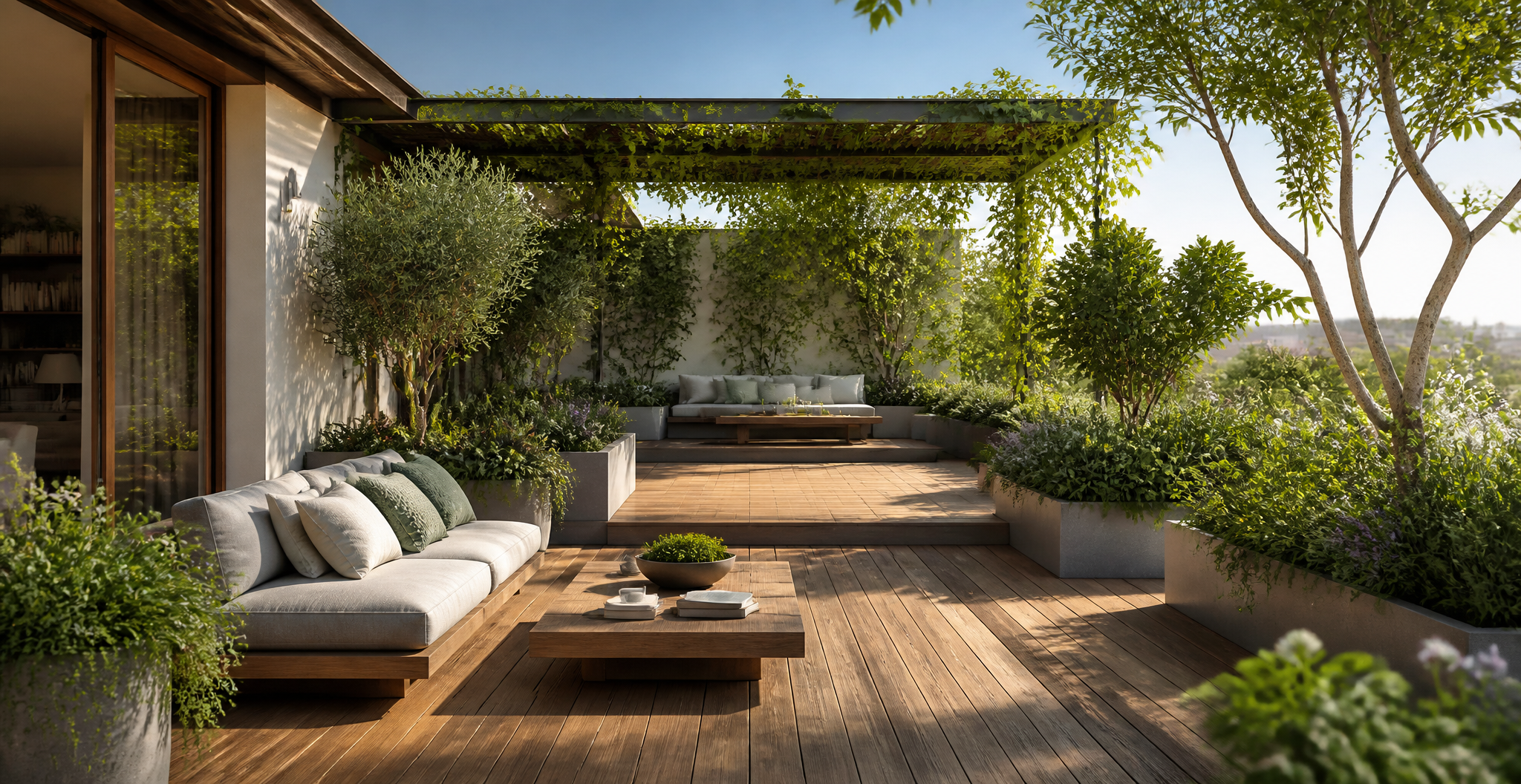 Sunlit villa terrace with timber decking, low seating and layered green planters