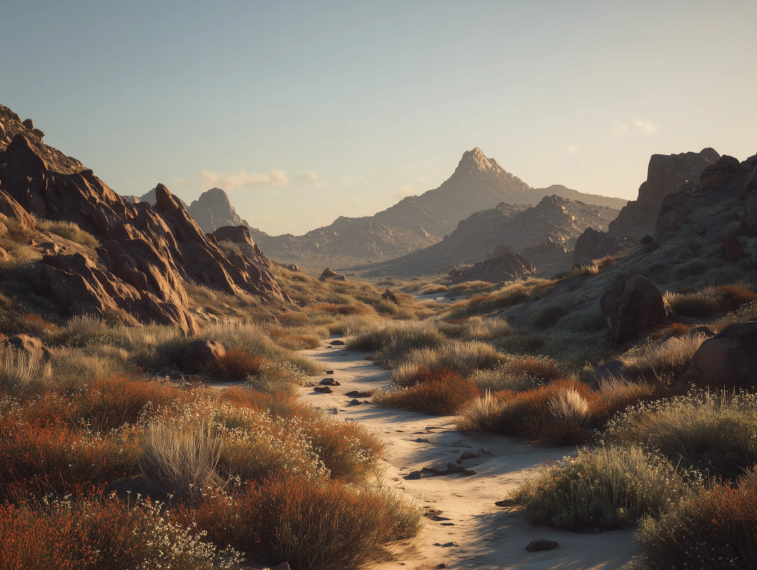 Golden Desert Valley with Jagged Peaks