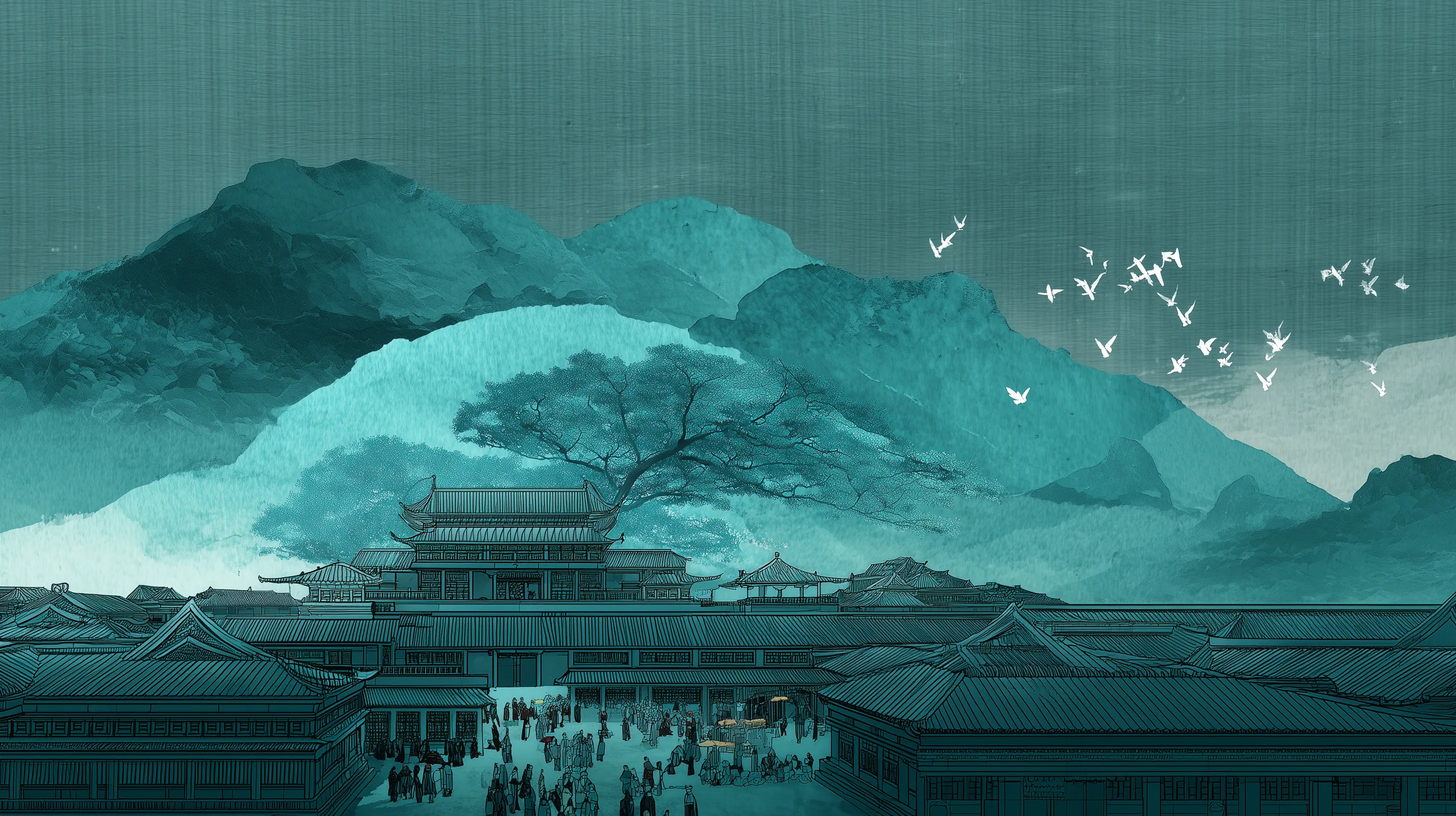 Traditional Chinese Architecture Illustration in Cyan
