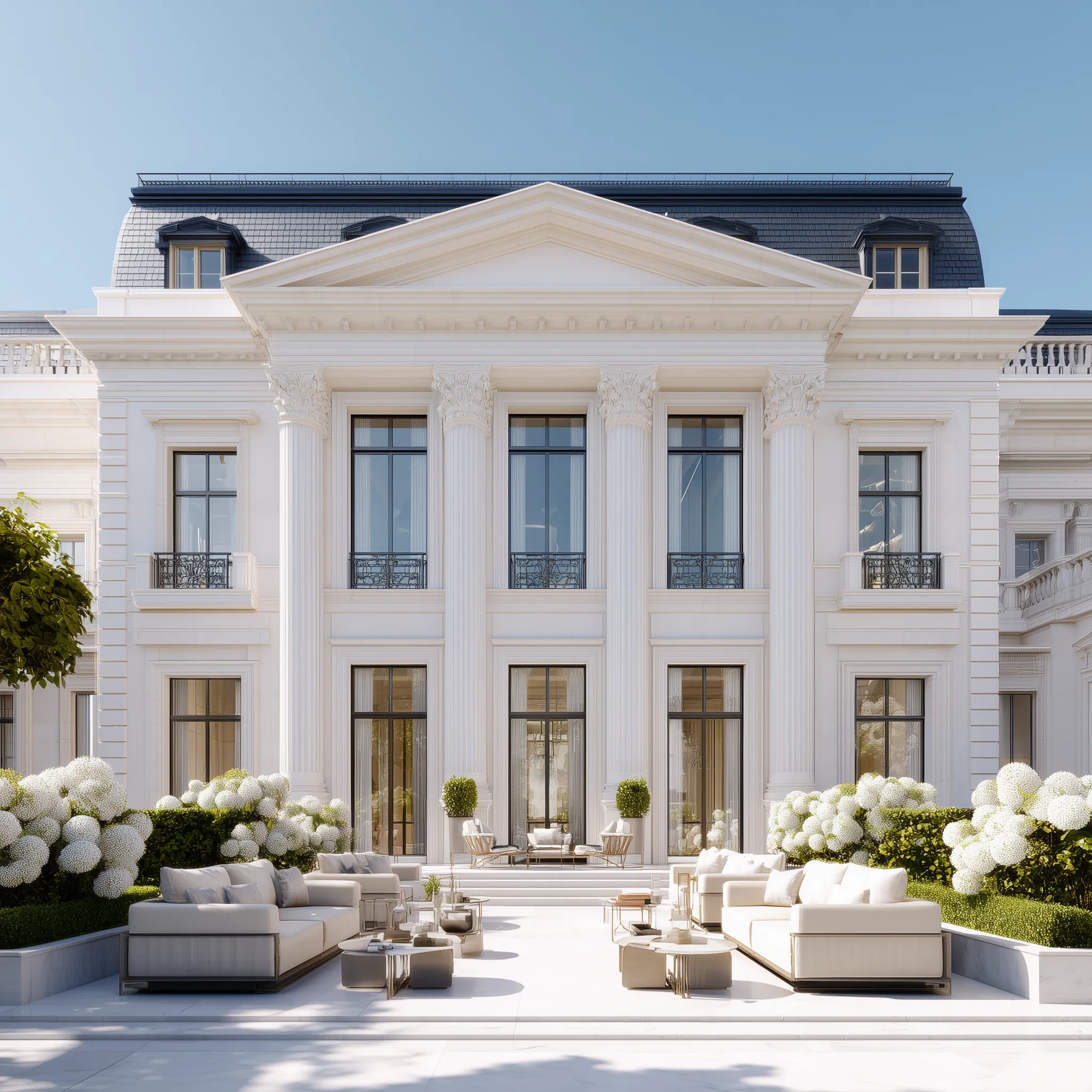 Neoclassical mansion facade with elegant outdoor lounge