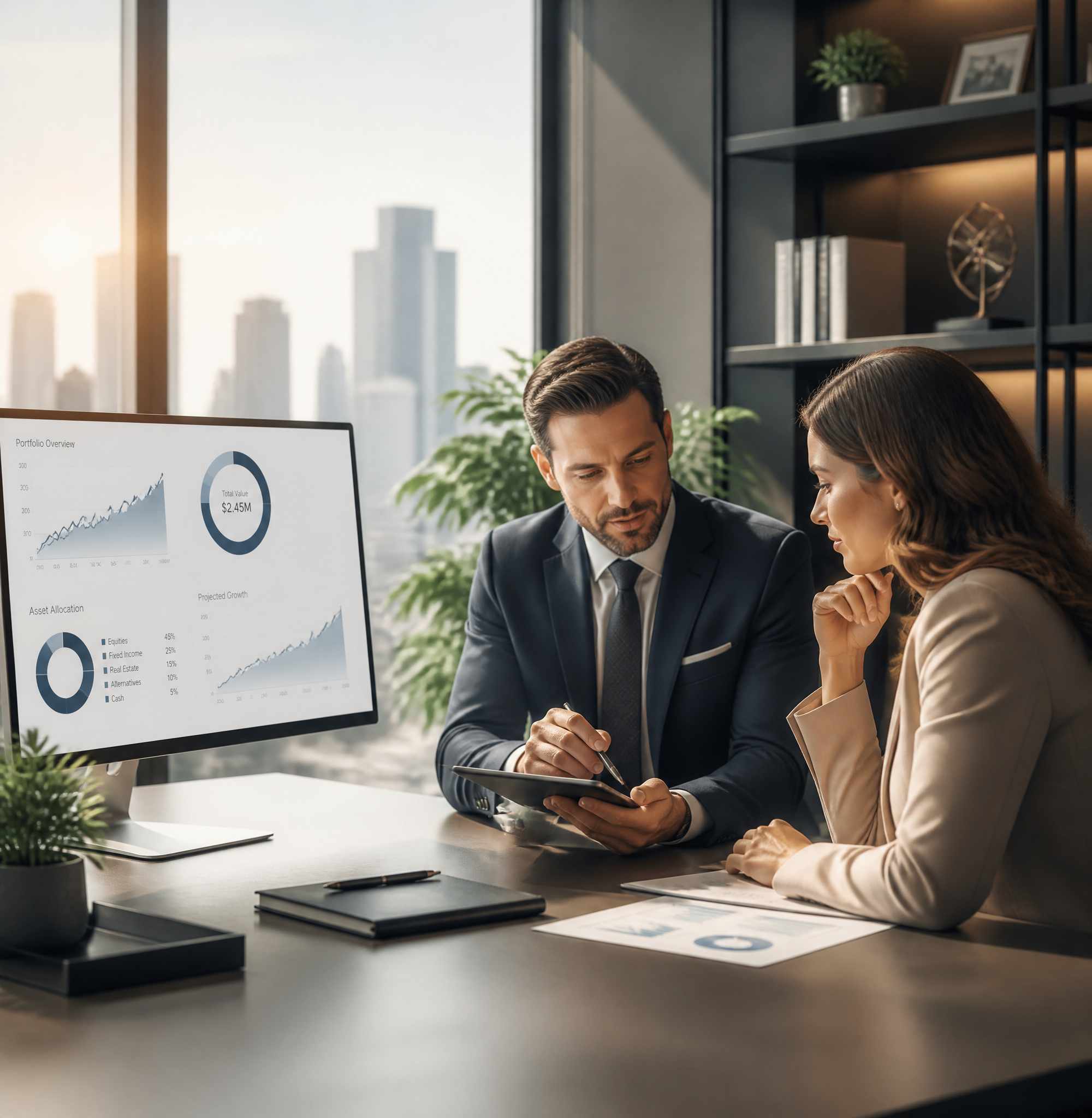 Financial Advisors Reviewing Investment Portfolio Data