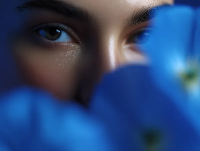 Close-up eyes behind vibrant blue petals