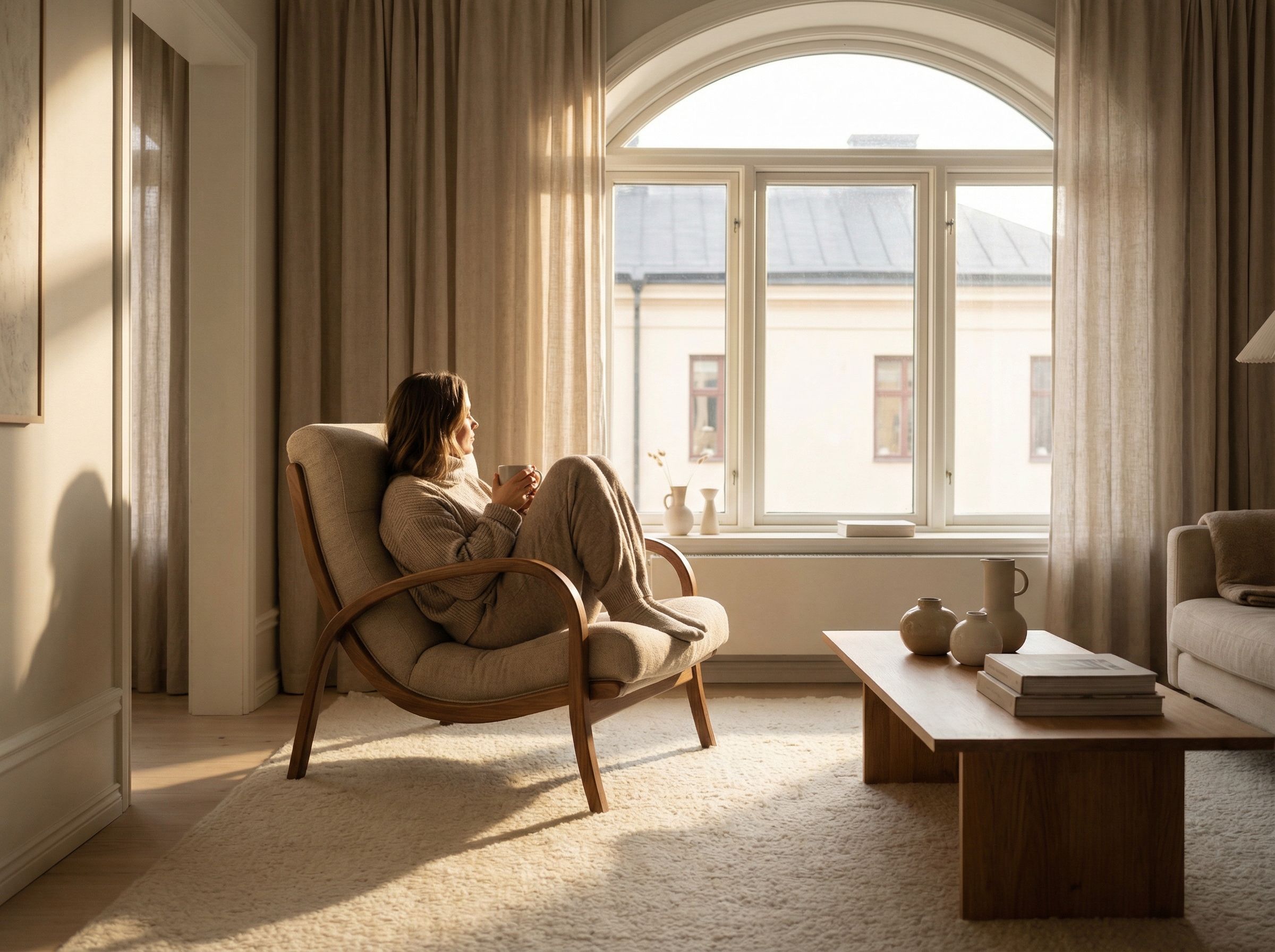 Woman Relaxing With Coffee in Cozy Living Room