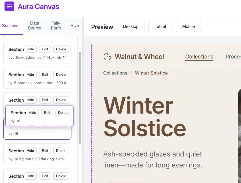 Aura Canvas - Manage Sections