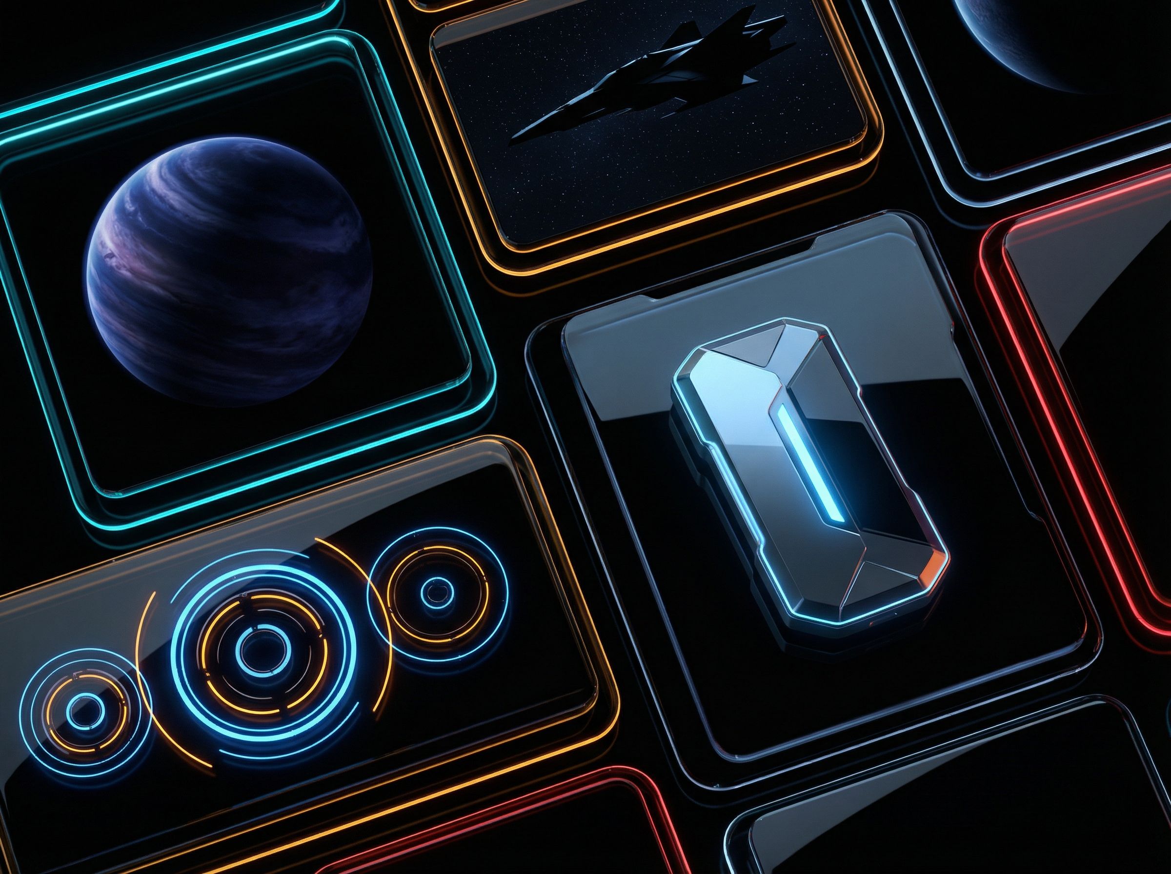 Futuristic sci-fi interface tiles with neon glow