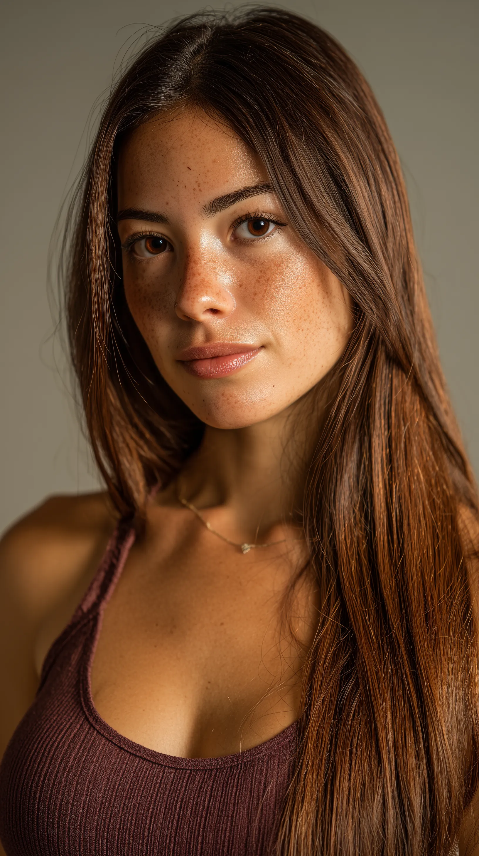 Studio portrait of young woman with freckles