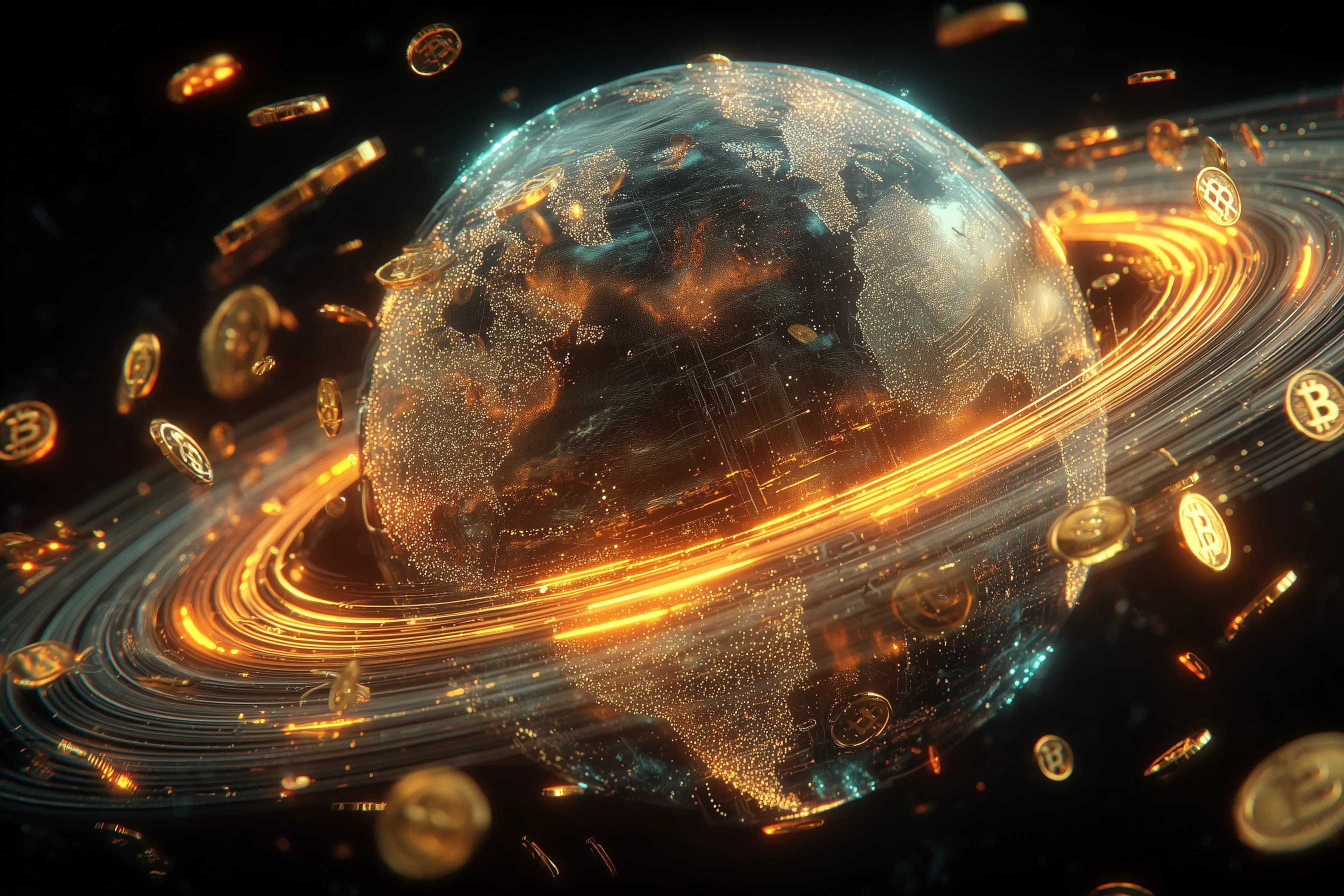 Glowing Digital Earth with Cryptocurrency Orbit