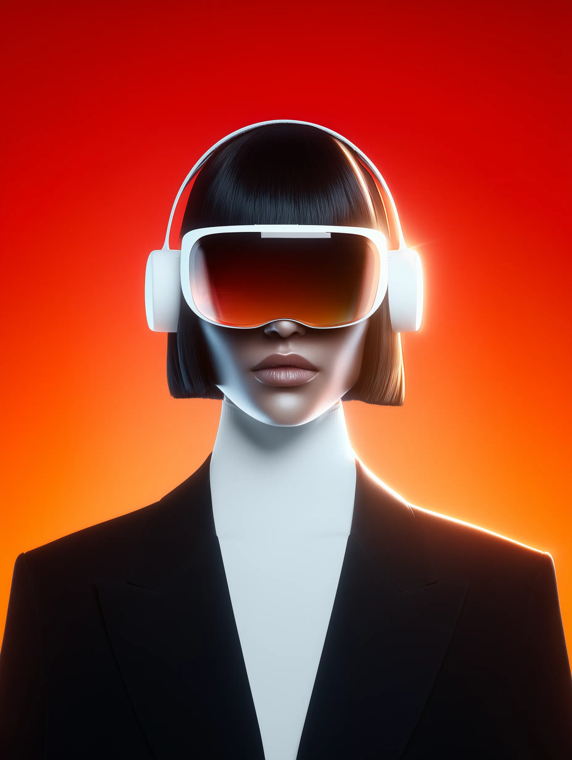 Futuristic woman in VR headset on orange glow