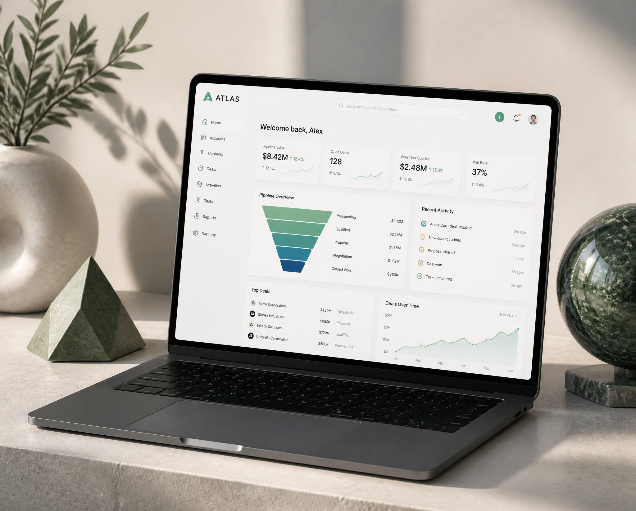 Atlas CRM Dashboard on Laptop Mockup
