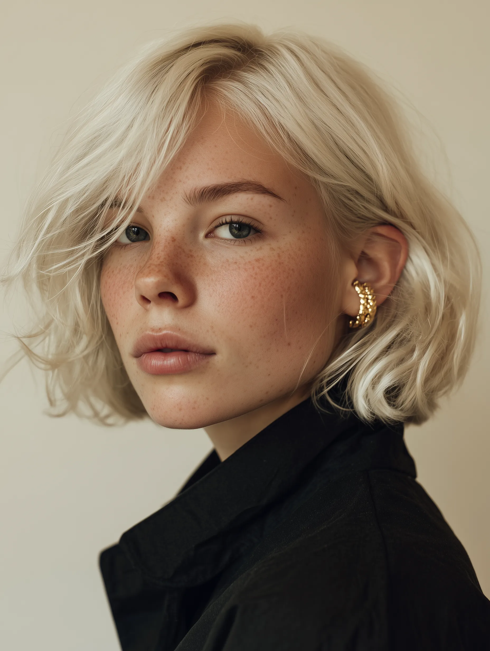 Portrait of a Woman with Platinum Blonde Hair and Freckles