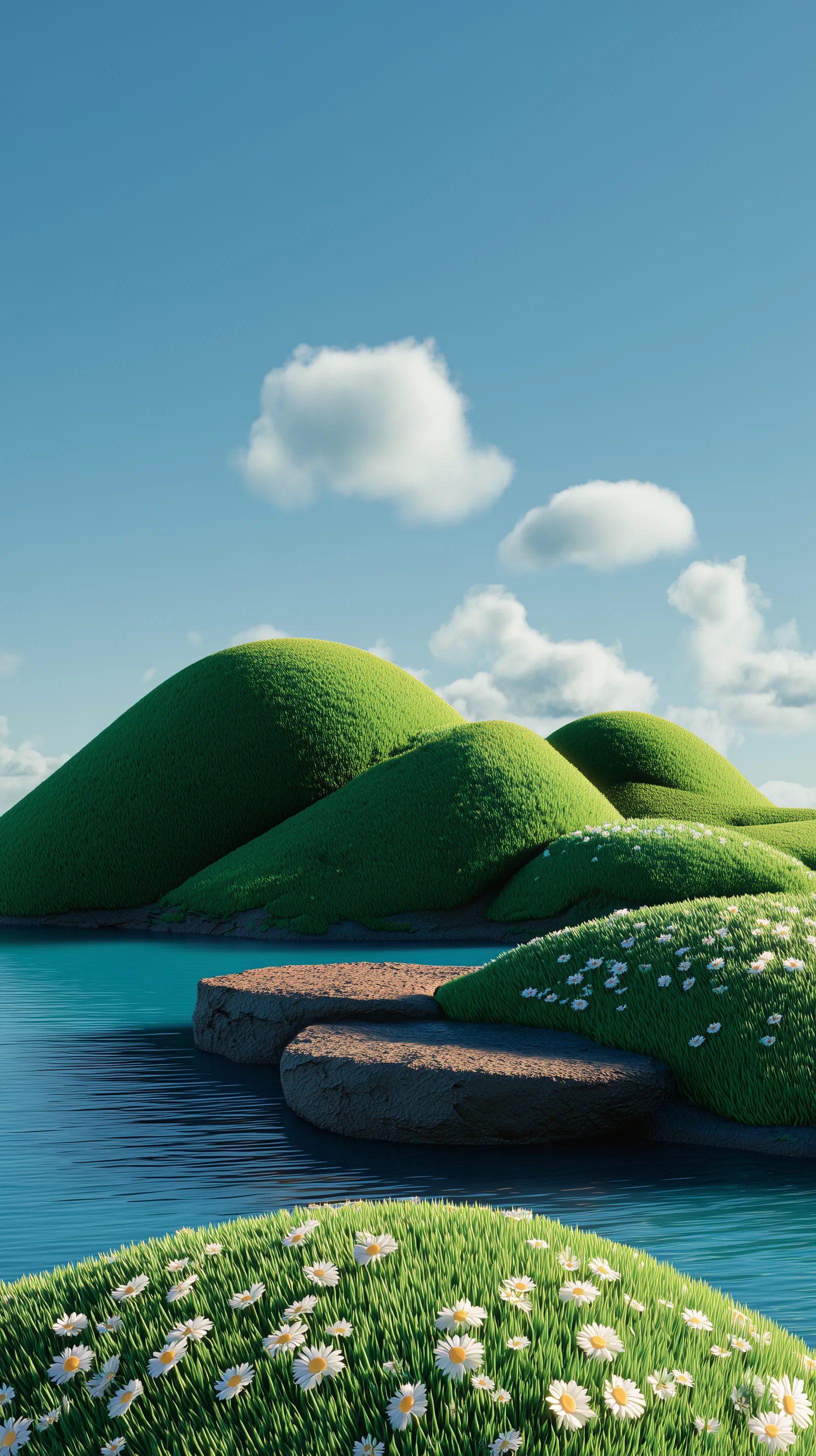 Minimalist Grassy Hills with Daisy Meadow and Blue Lake