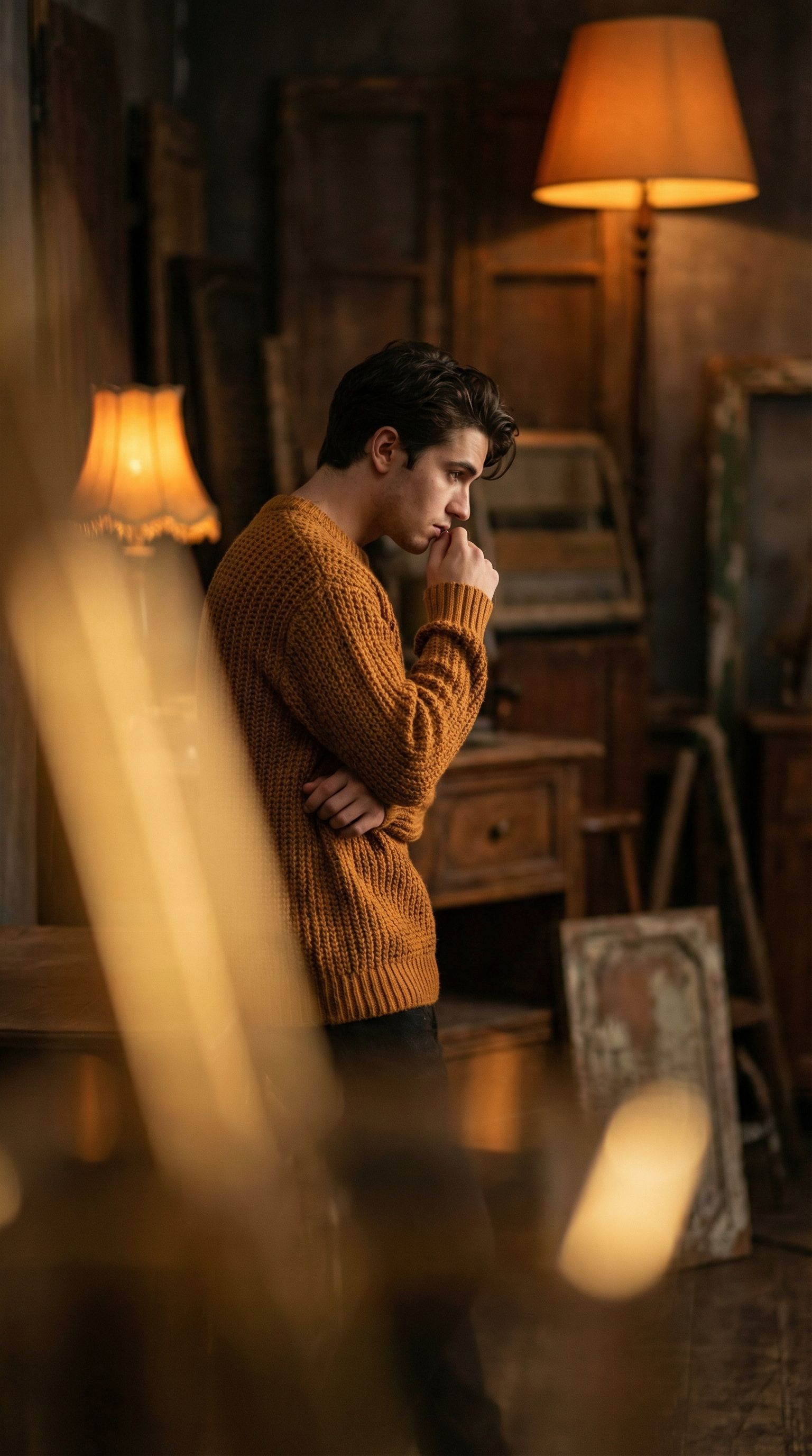 Pensive man in warm vintage interior