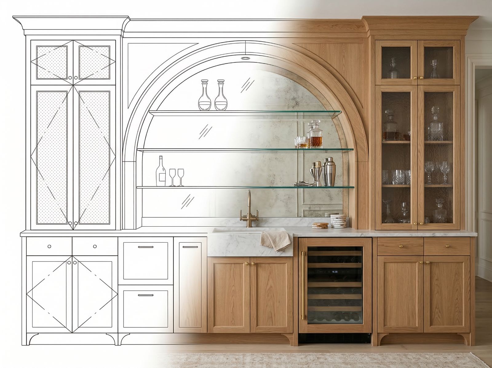 Rzuty, próbki materiałów i notatki projektowe na biurku architekta wnętrz