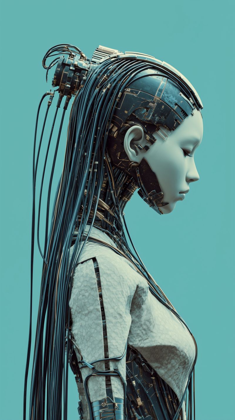Profile of Futuristic Female Cyborg on Teal