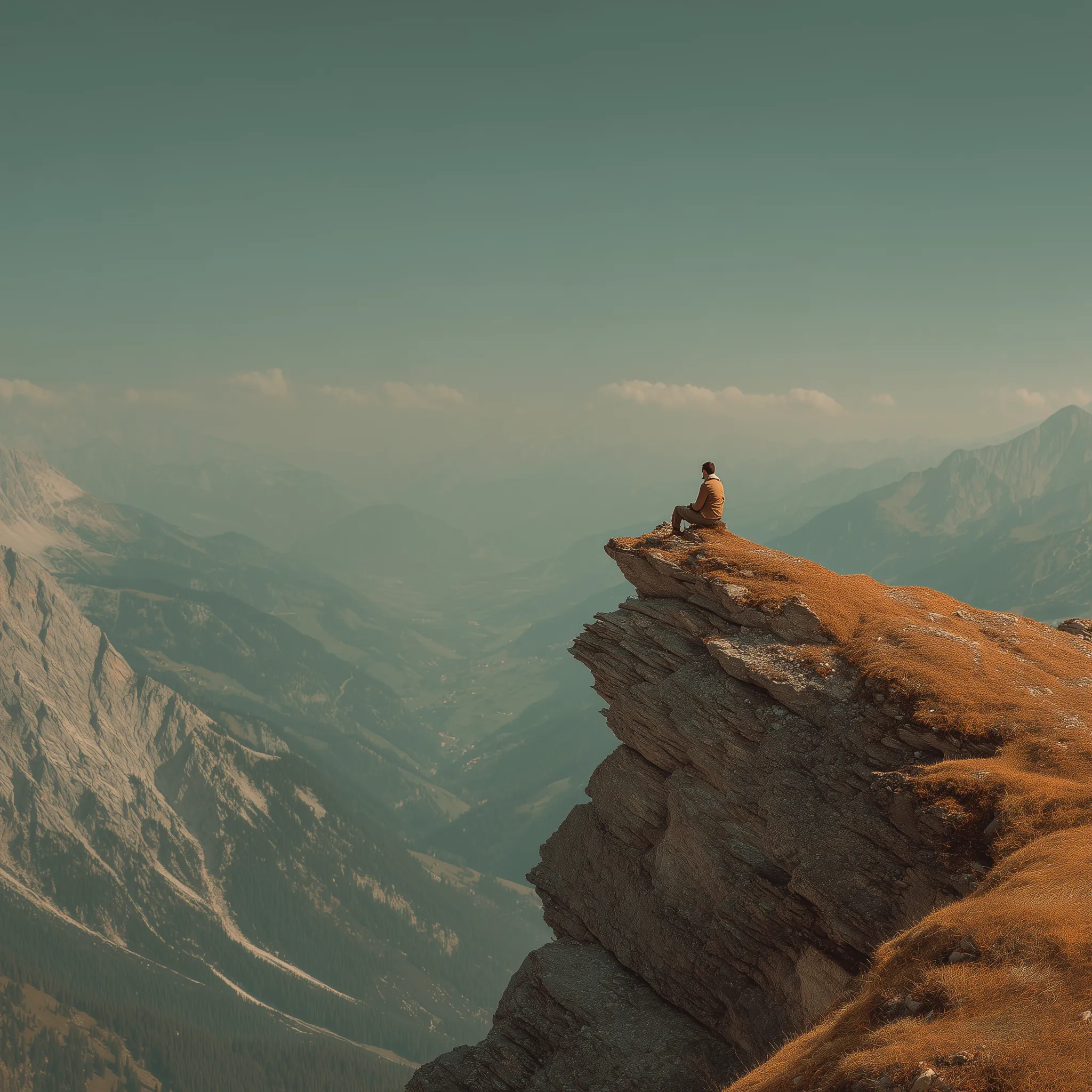 Hiker Sitting on Cliff Overlooking Mountain Valley