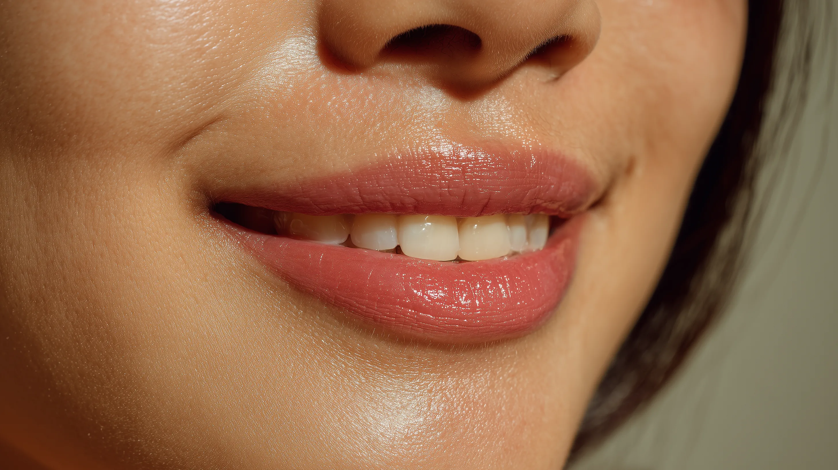 Close-up of smiling lips with natural makeup