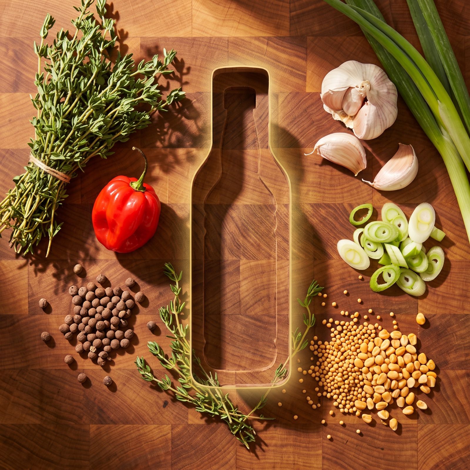 Gourmet Ingredients with Bottle Silhouette Wood Carving
